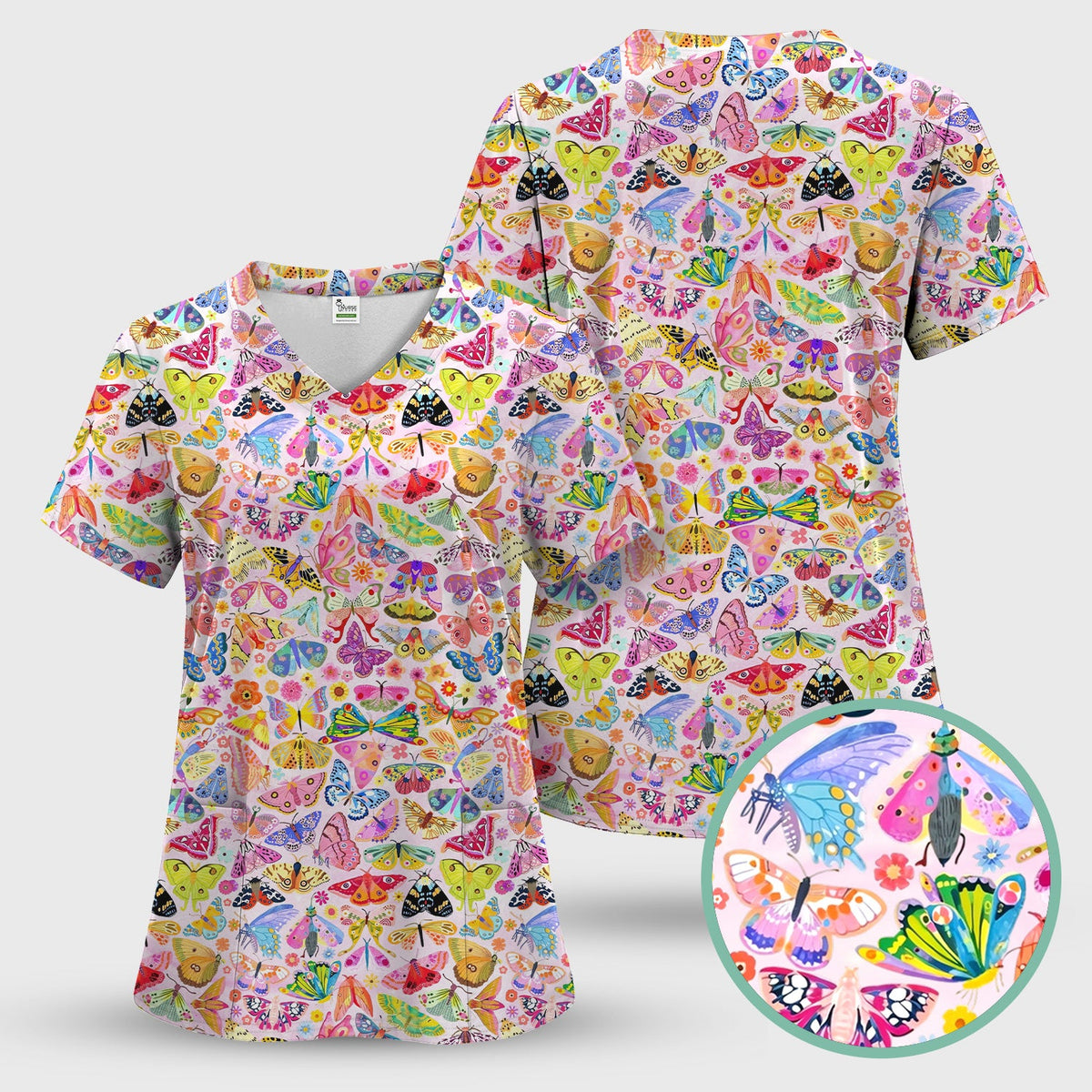 Cute Bright Butterfly Moth Floral Nurse Scrub Top