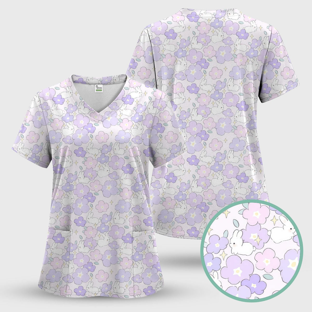Bunny Floral Pastel Nurse Scrub Top