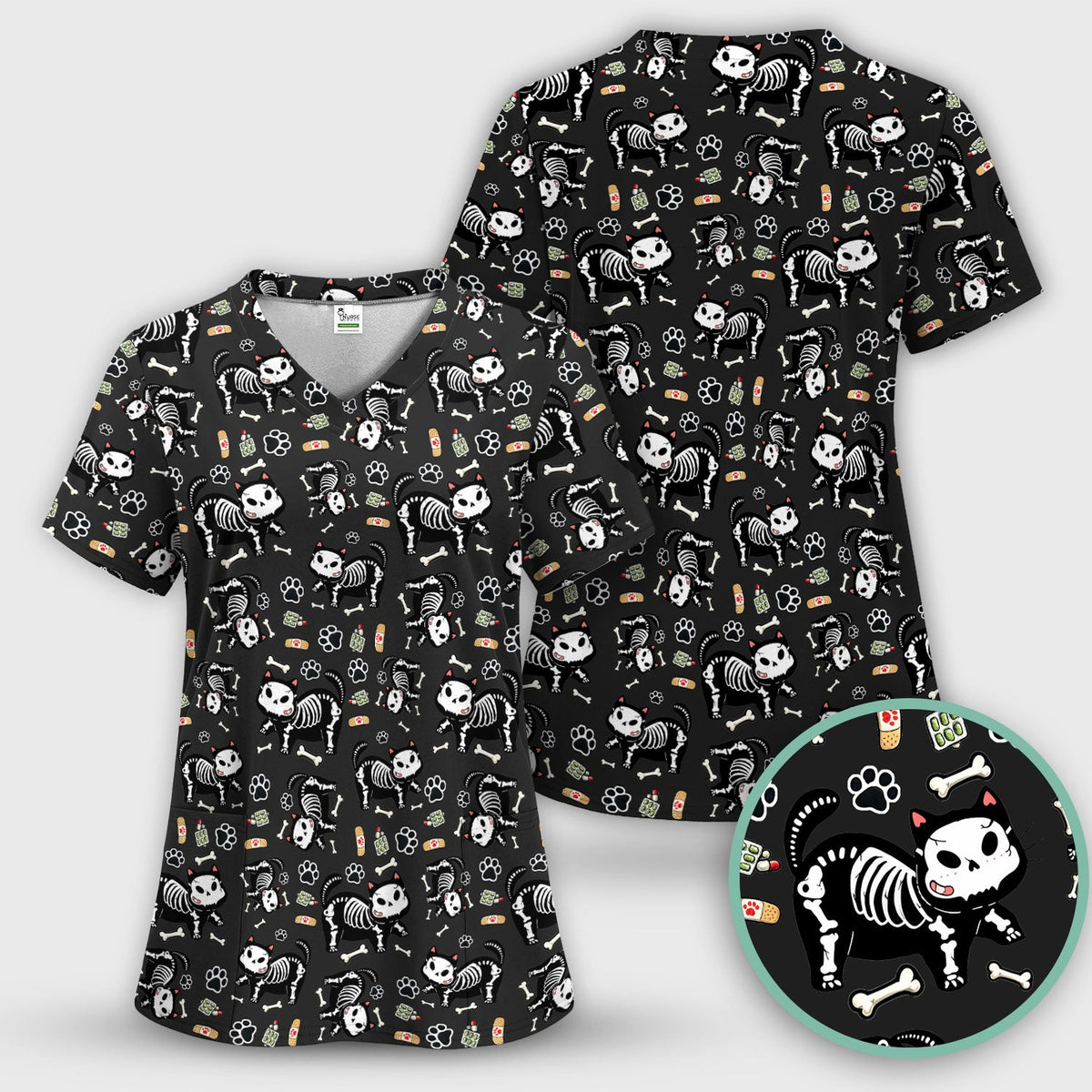 Skeleton Cat Medical Pattern Scrub Set, Scrub Pants and V Neck Top
