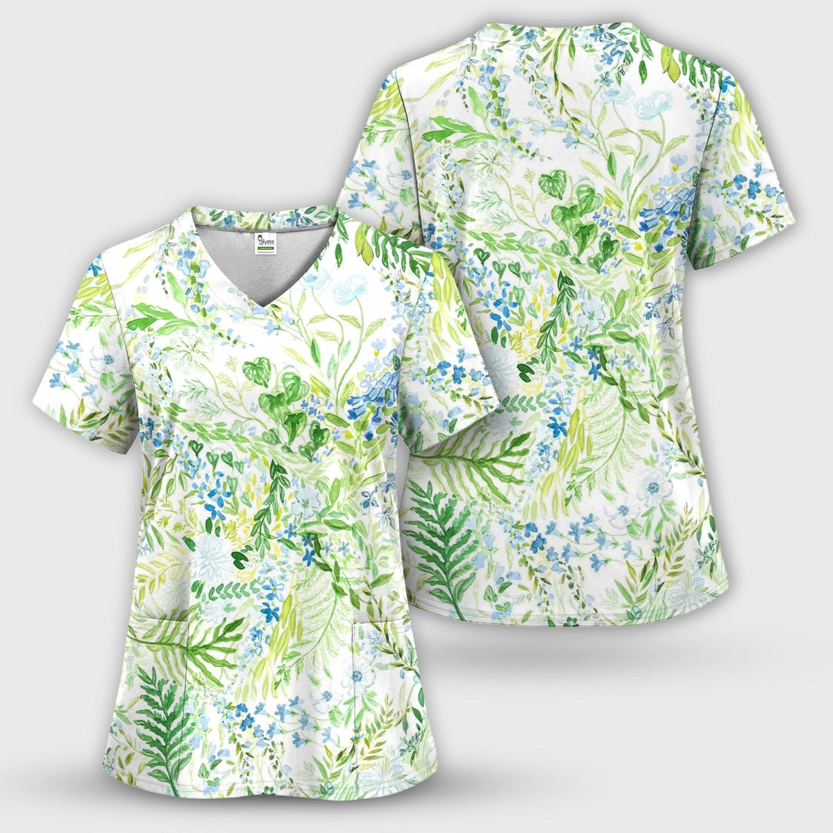 Green Botanical Floral Nurse Scrub Set