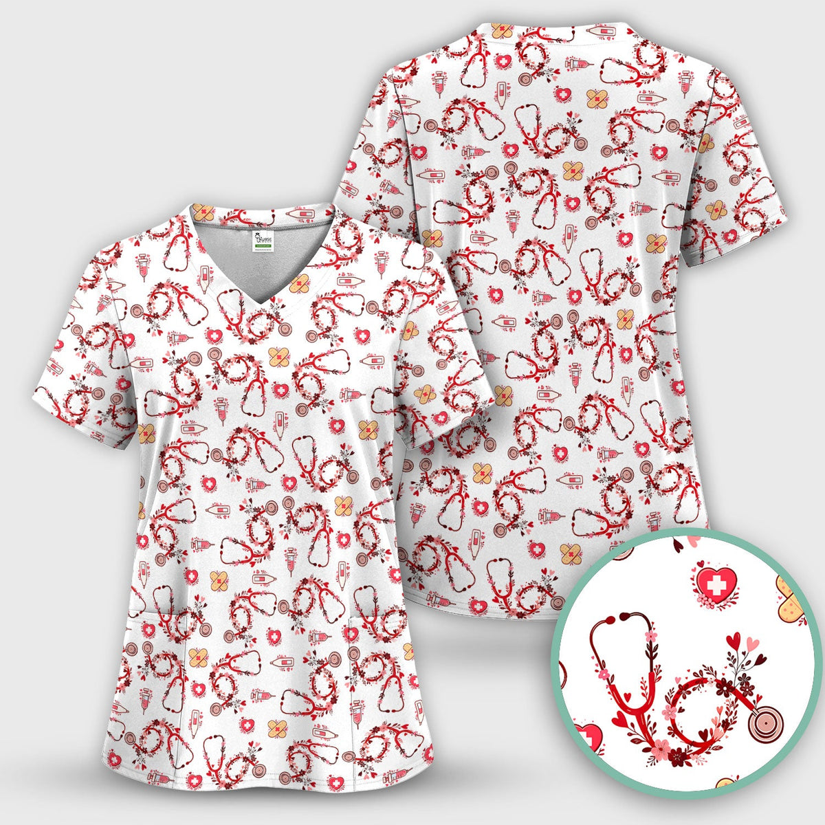 Heart Stethoscope Nurse Scrub Set