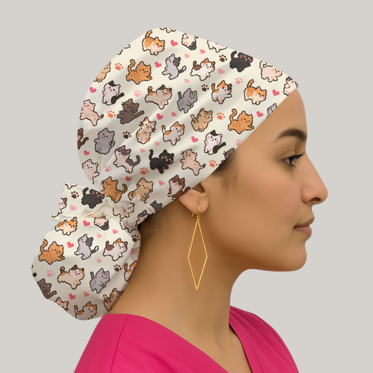 Pixel Cat Heart Paw Scrub Cap