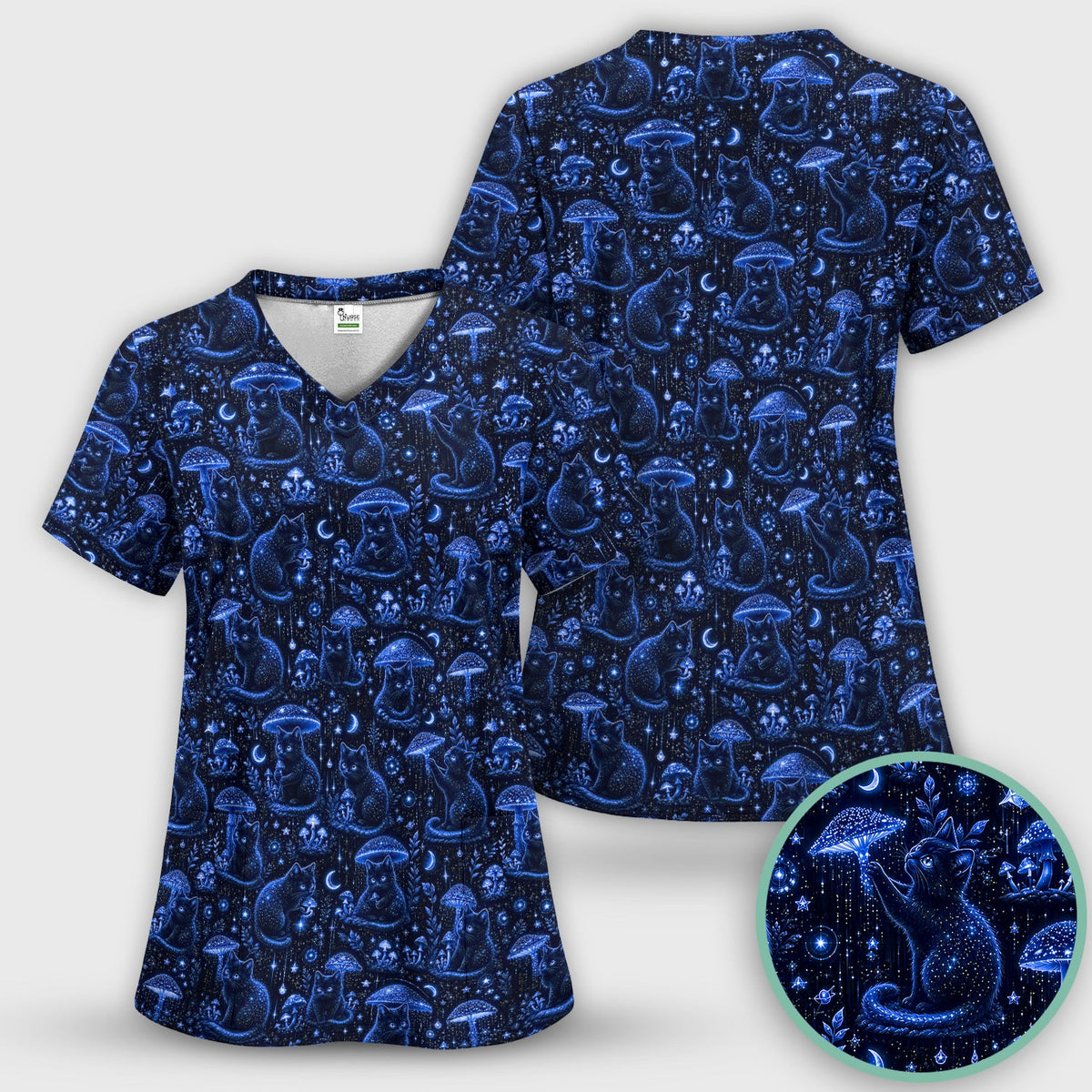 Celestial Black Cat Mushroom Nurse Scrub Set