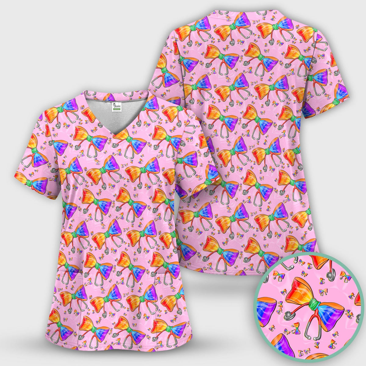 Colorful Rainbow Bow Stethoscope Nurse Scrub Set