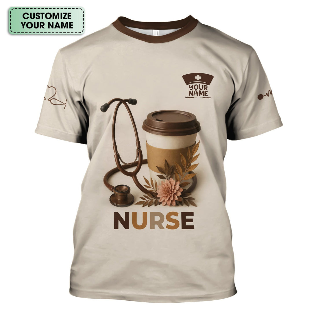 Personalized Coffee Floral Stethoscope Nurse Shirt