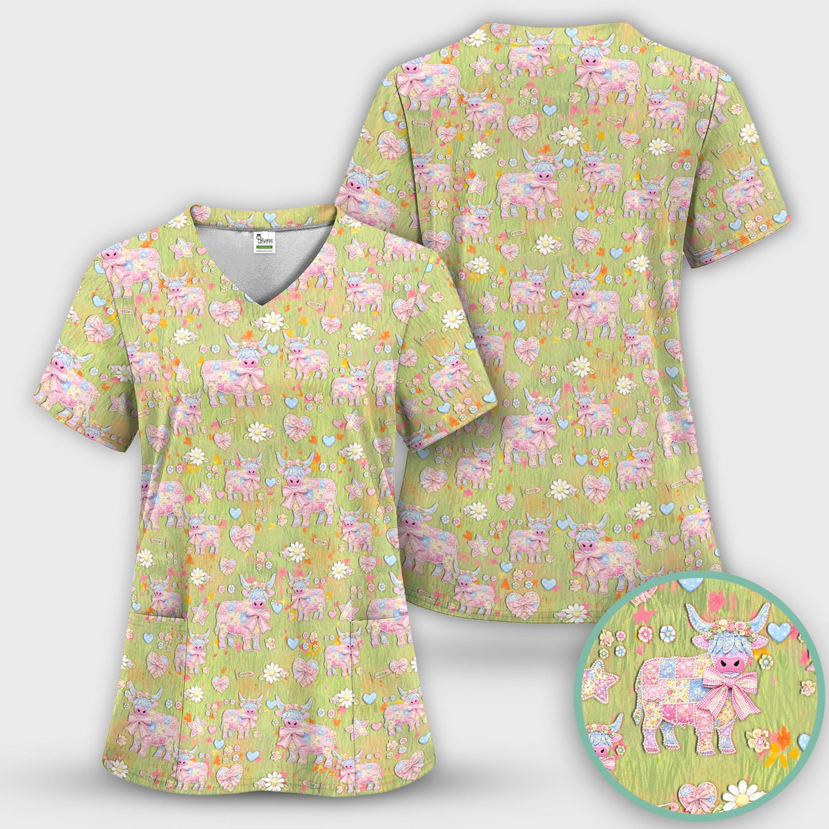 Cute Girly Cow Daisy Pastel Pattern Scrub Top, Comfortable Scrubs for Nurses