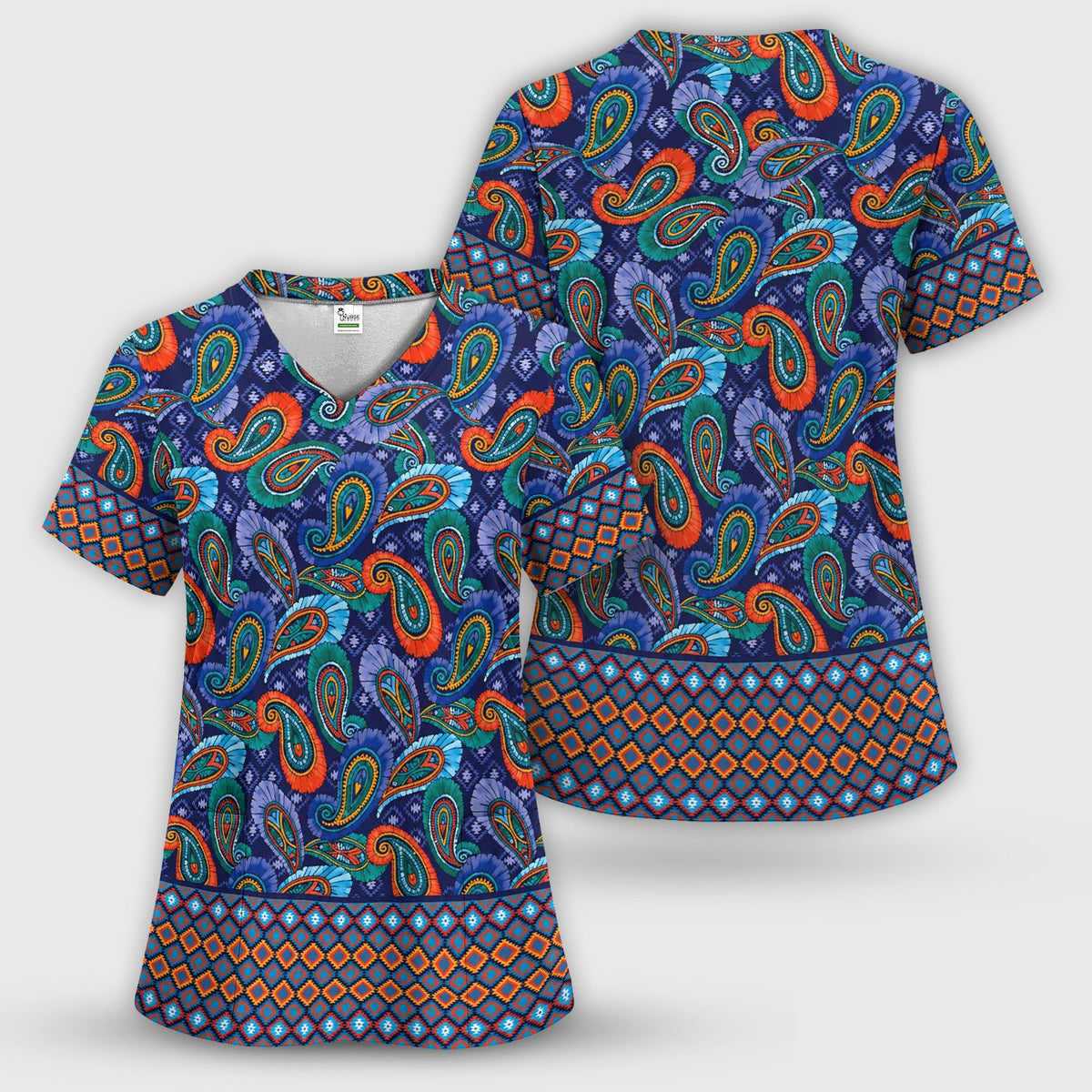 Colorful Paisley Geometric Border Nurse Scrub Set