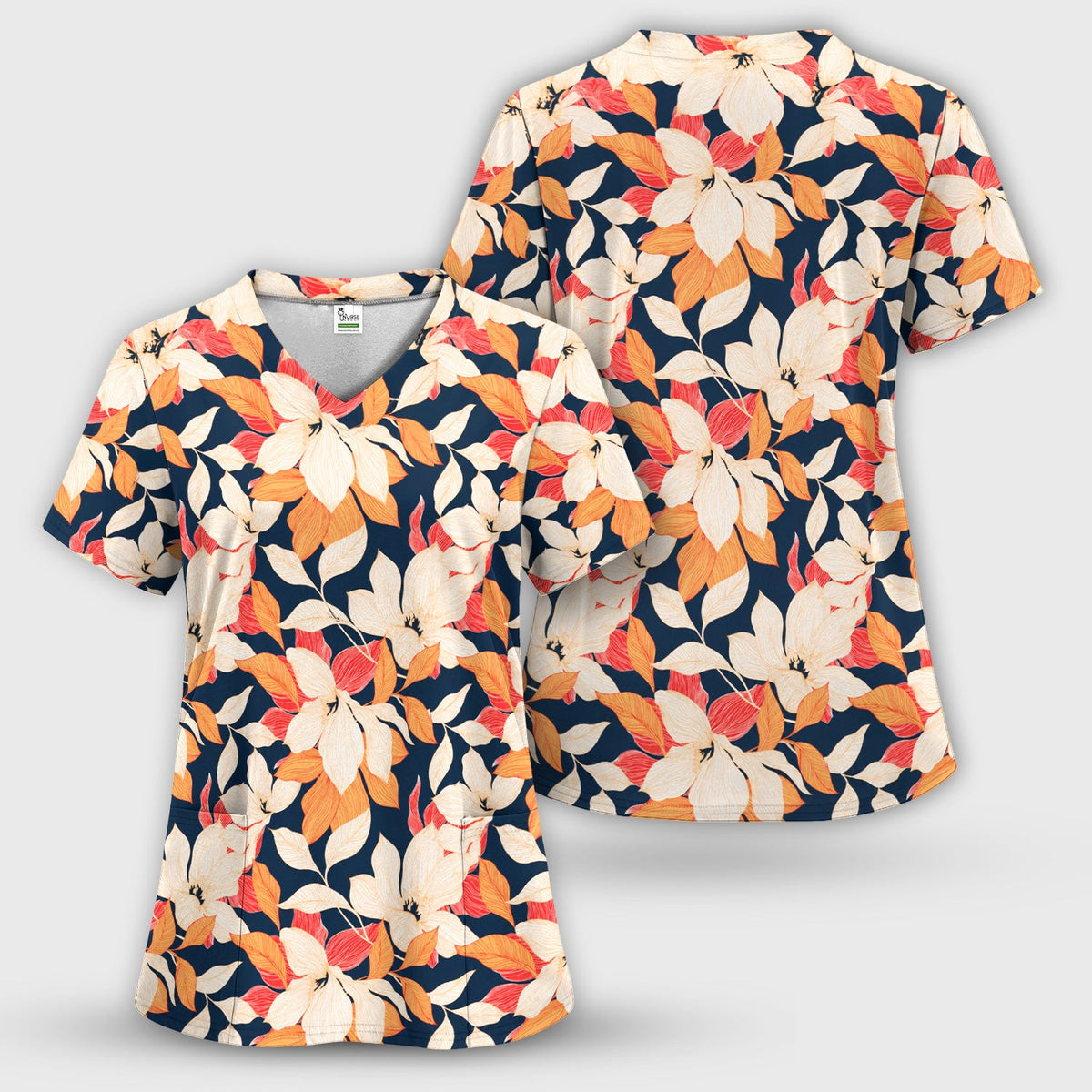 Elegant Ivory Lily Leaves Nurse Scrub Set