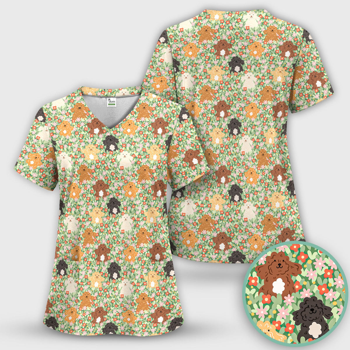 Poodle Dogs Floral Nurse Scrub Top