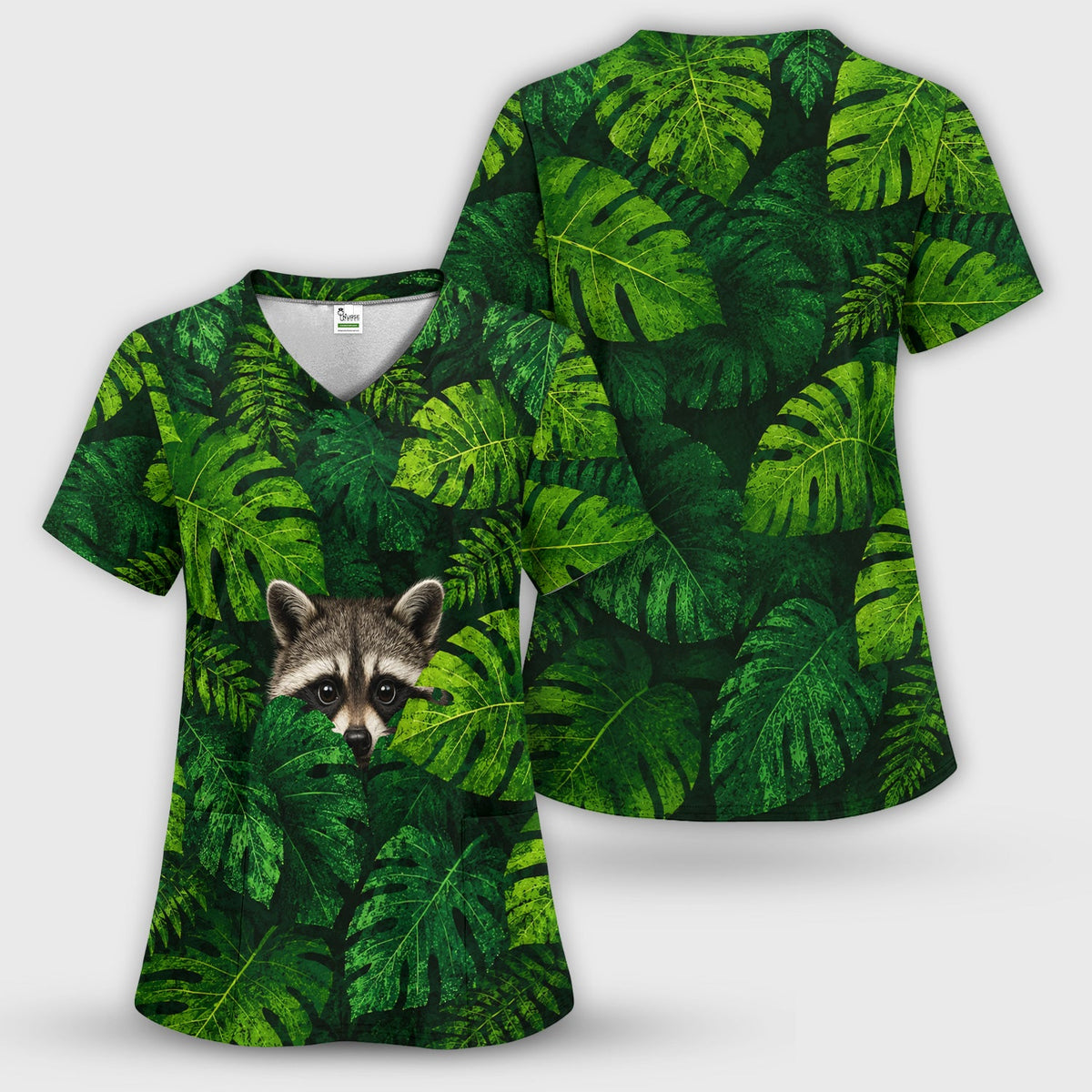 Raccoon Tropical Leaf Nurse Scrub Top