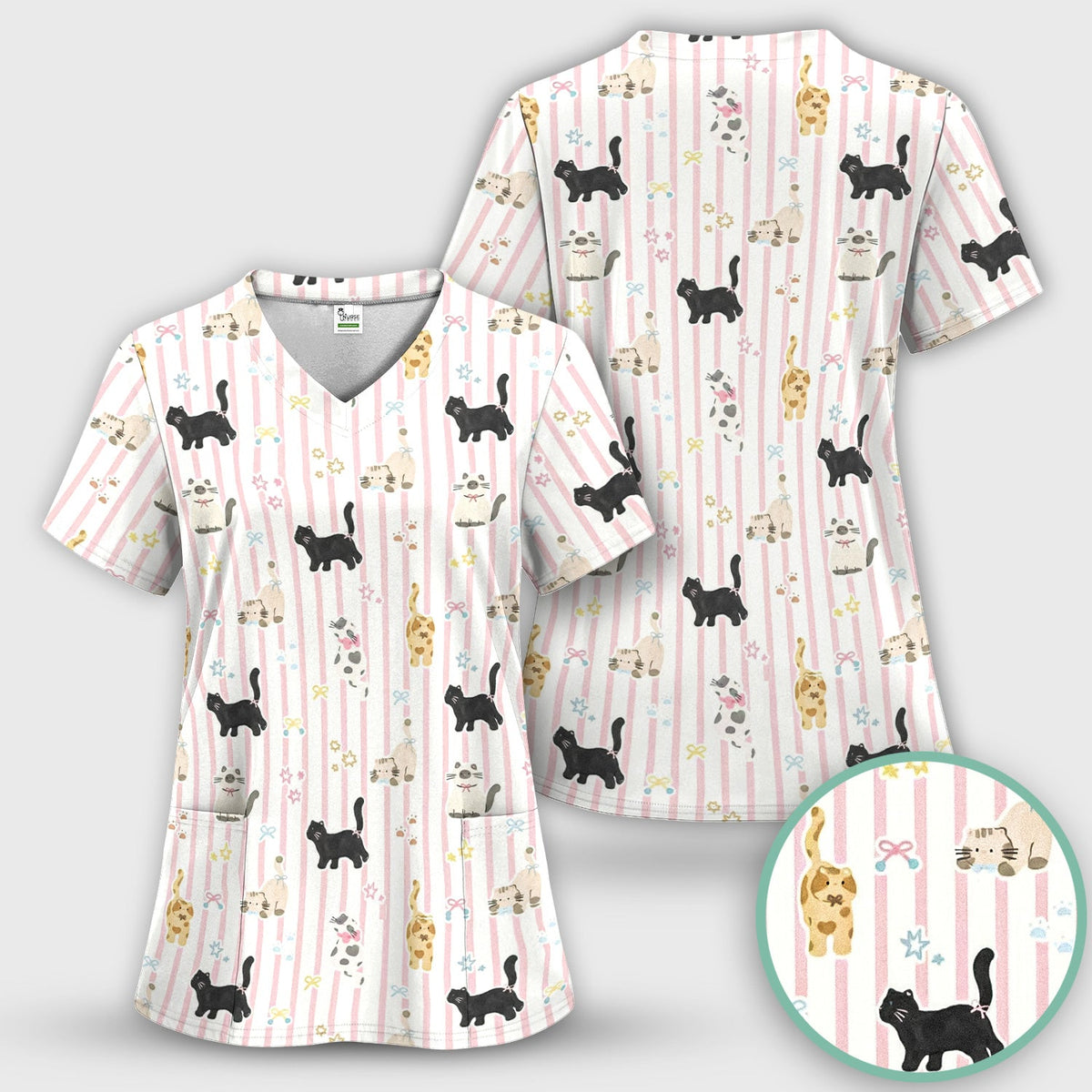 Playful Cat Stripe Ribbon Nurse Scrub Set