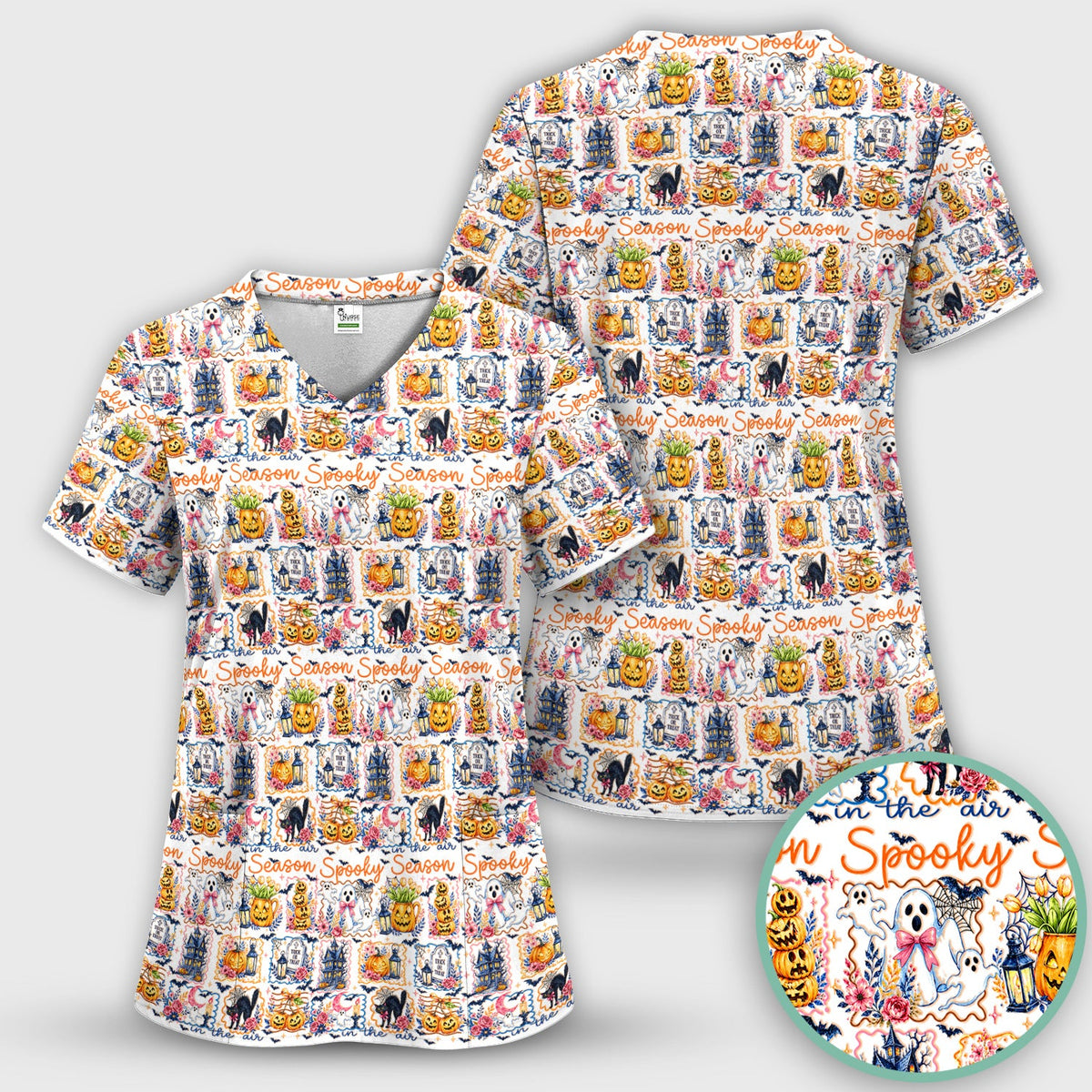 Spooky Pumpkin Ghost Pattern Nurse Scrub Top