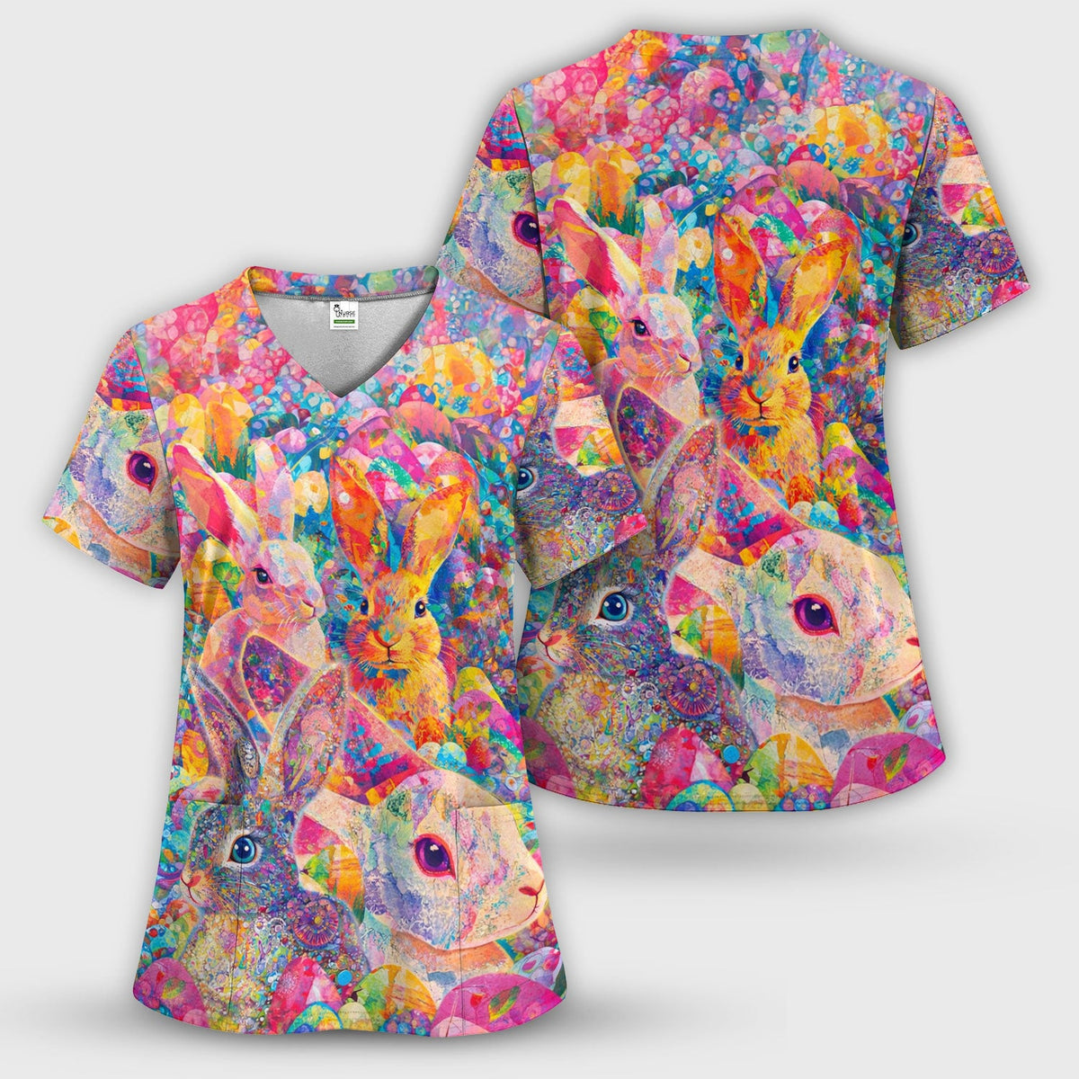 Colorful Artistic Bunny Print Scrub Top, Breathable Fabrics Nursing Uniform, Easter