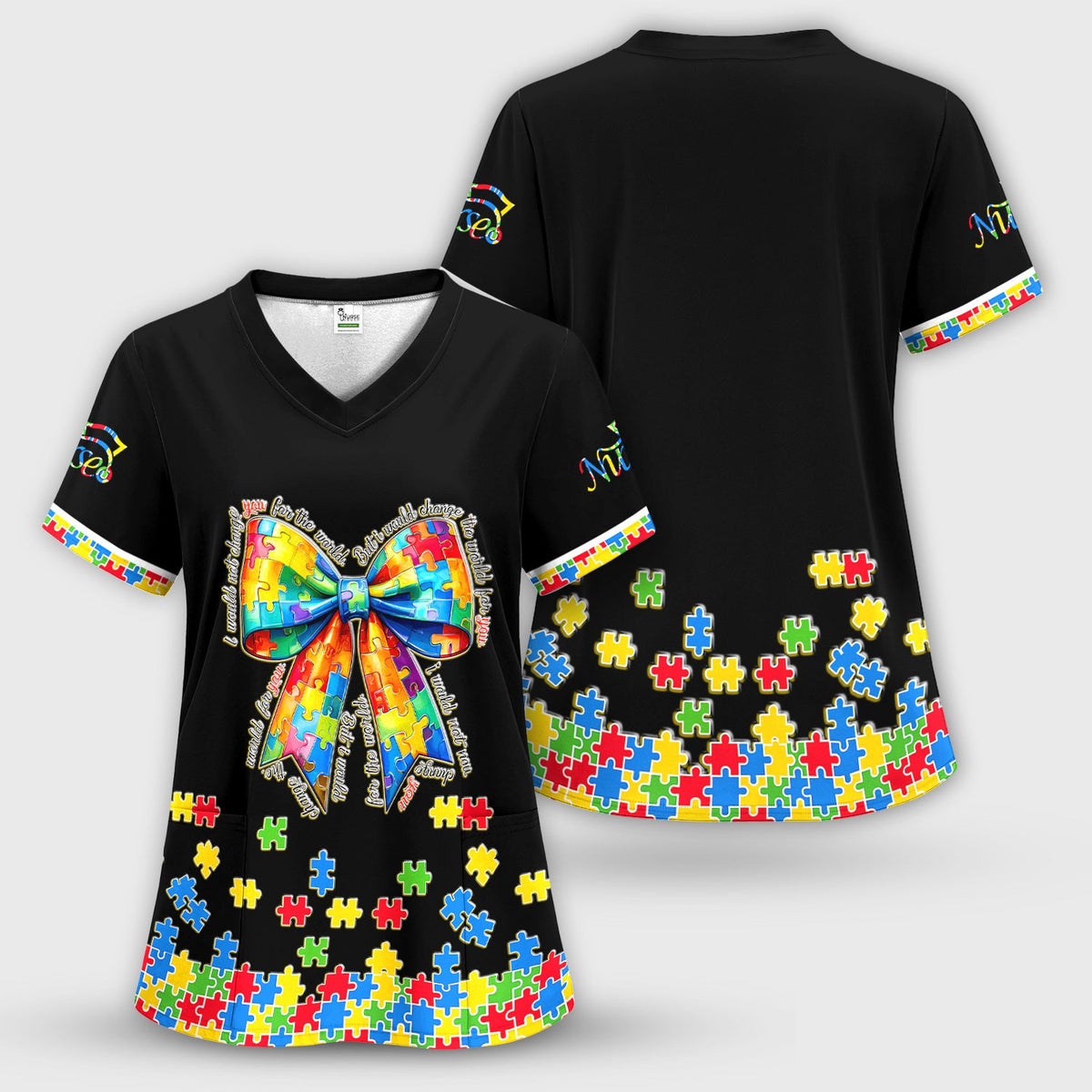 Autism Puzzle Bow Colorful Pieces Nurse Scrub Top
