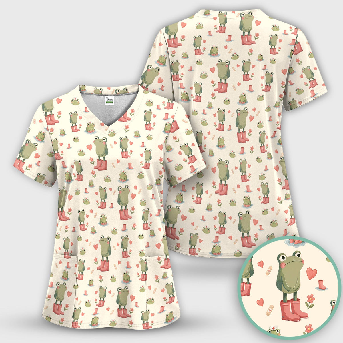 Adorable Frog Boots Heart Nurse Scrub Set