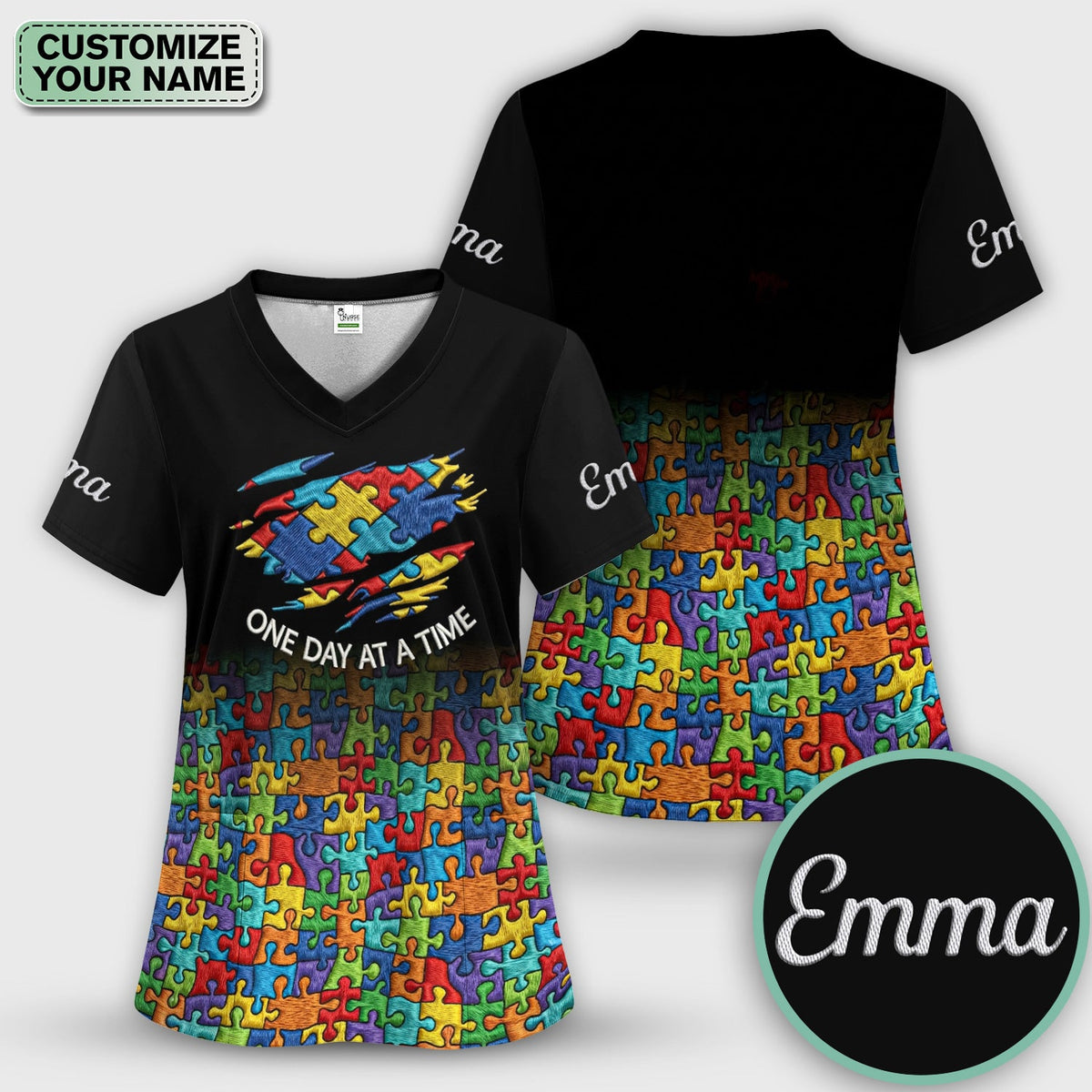 Personalized Autism Puzzle One Day At A Time Nurse Scrub Set