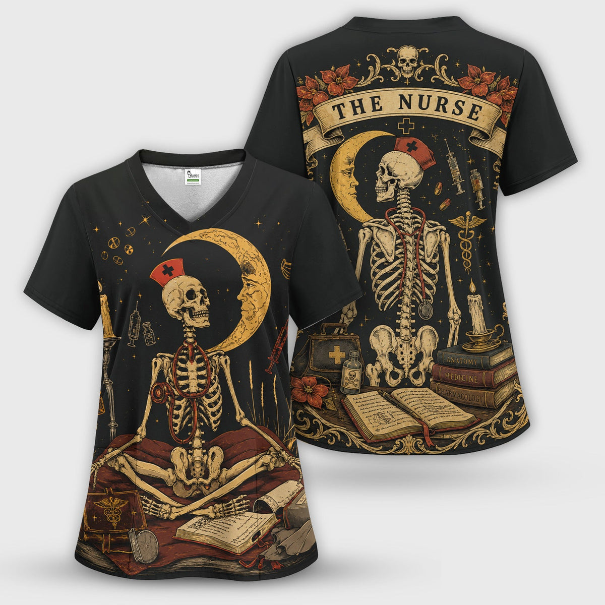Breast Cancer Skeleton Nurse Scrub Top