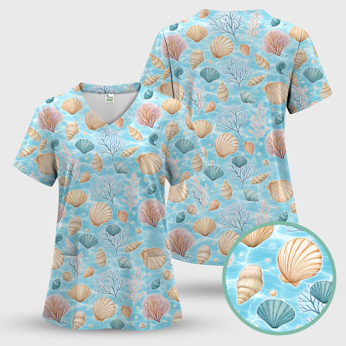 Coastal Seashell And Coral Reef Nurse Scrub Top