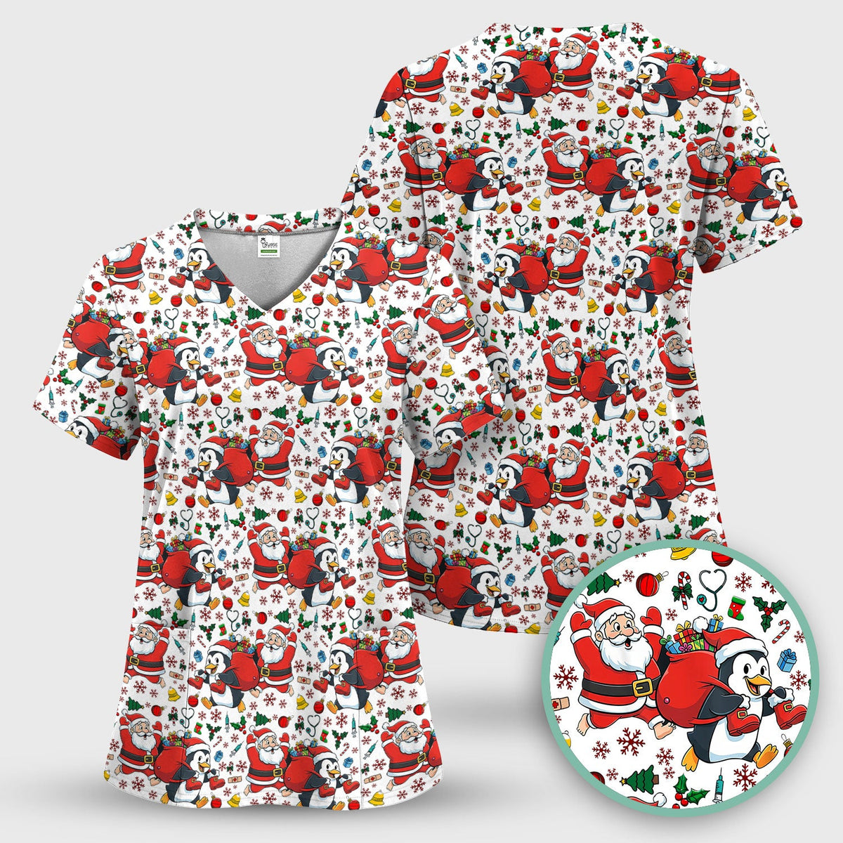 Penguin Santa Nurse Scrub Top - Christmas Gift