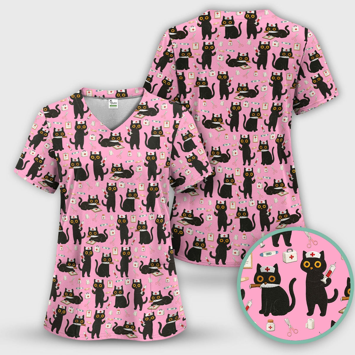 Cute Teal Black Cat Nurse Scrub Set