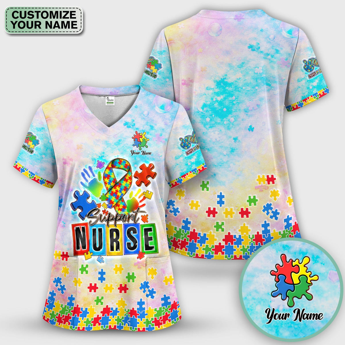 Personalized Autism Awareness Nurse Scrub Set