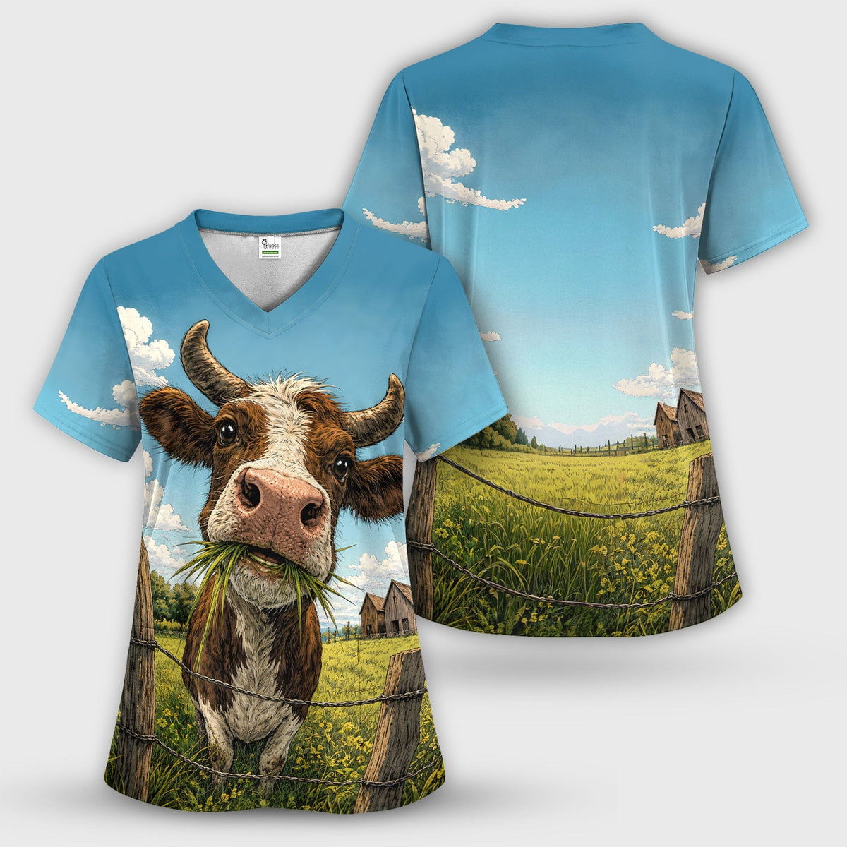 Curious Highland Cow Farm Scene Nurse Scrub Top