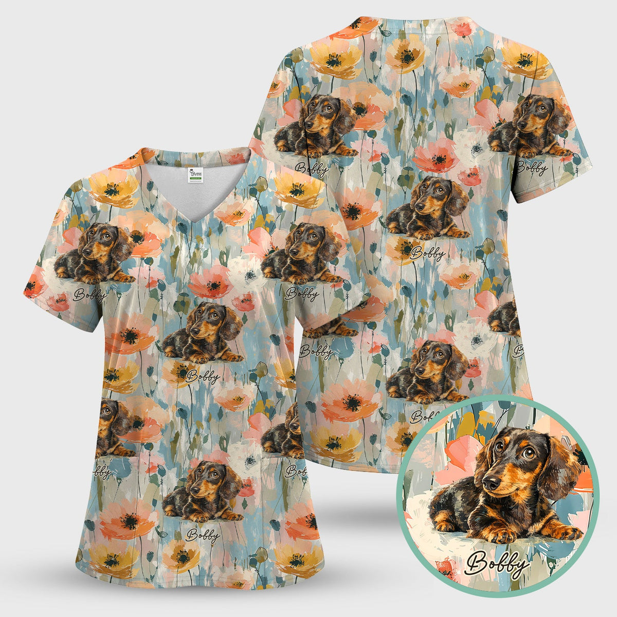 Personalized Dachshund Photo Floral Nurse Scrub Set