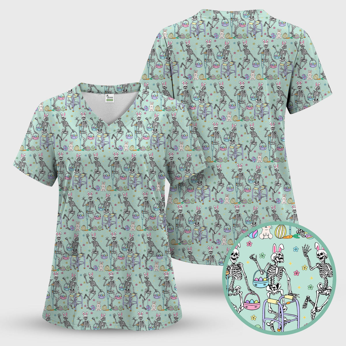 Fun Skeleton Bunny Nurse Scrub Top - Easter Gift