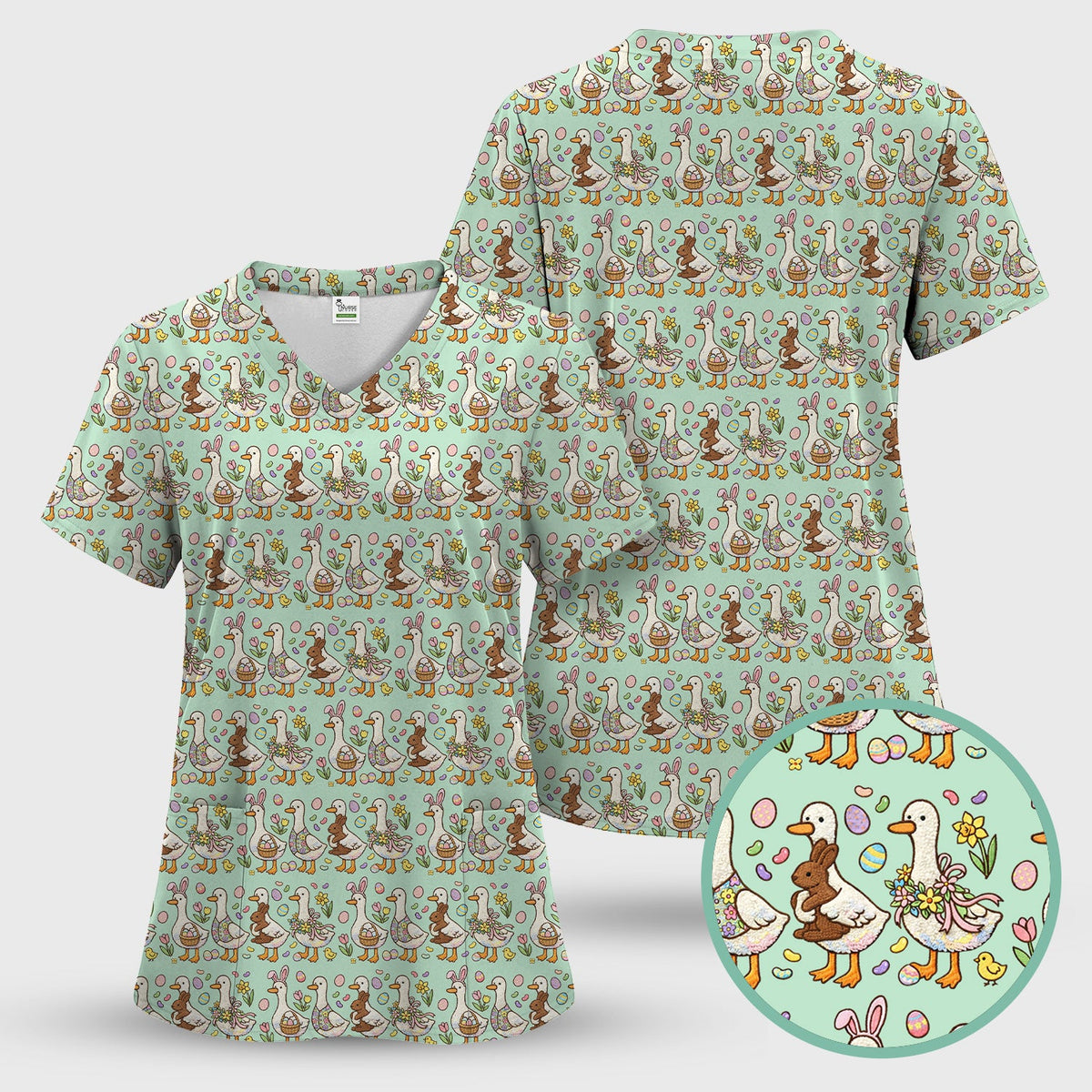 Duck Bunny Egg Floral Nurse Scrub Top - Easter Gift