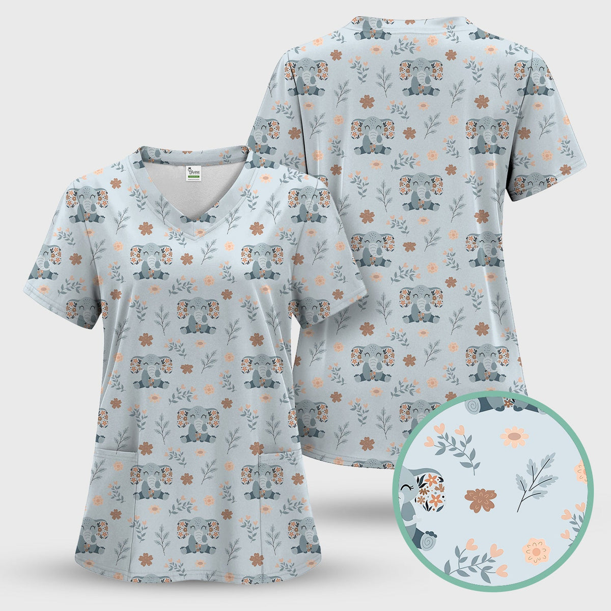 Cute Elephant Floral Print Scrub Set, Scrub Pants and V Neck Top