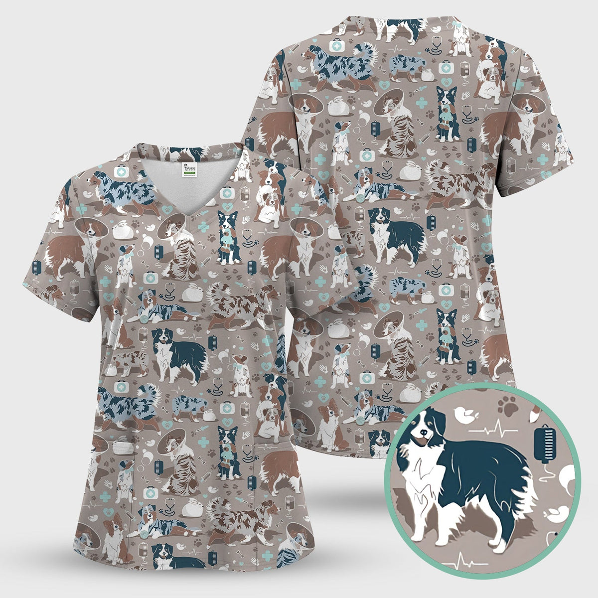 Cute Dog Pattern Veterinary Scrub Top, Breathable Fabrics Nursing Uniform