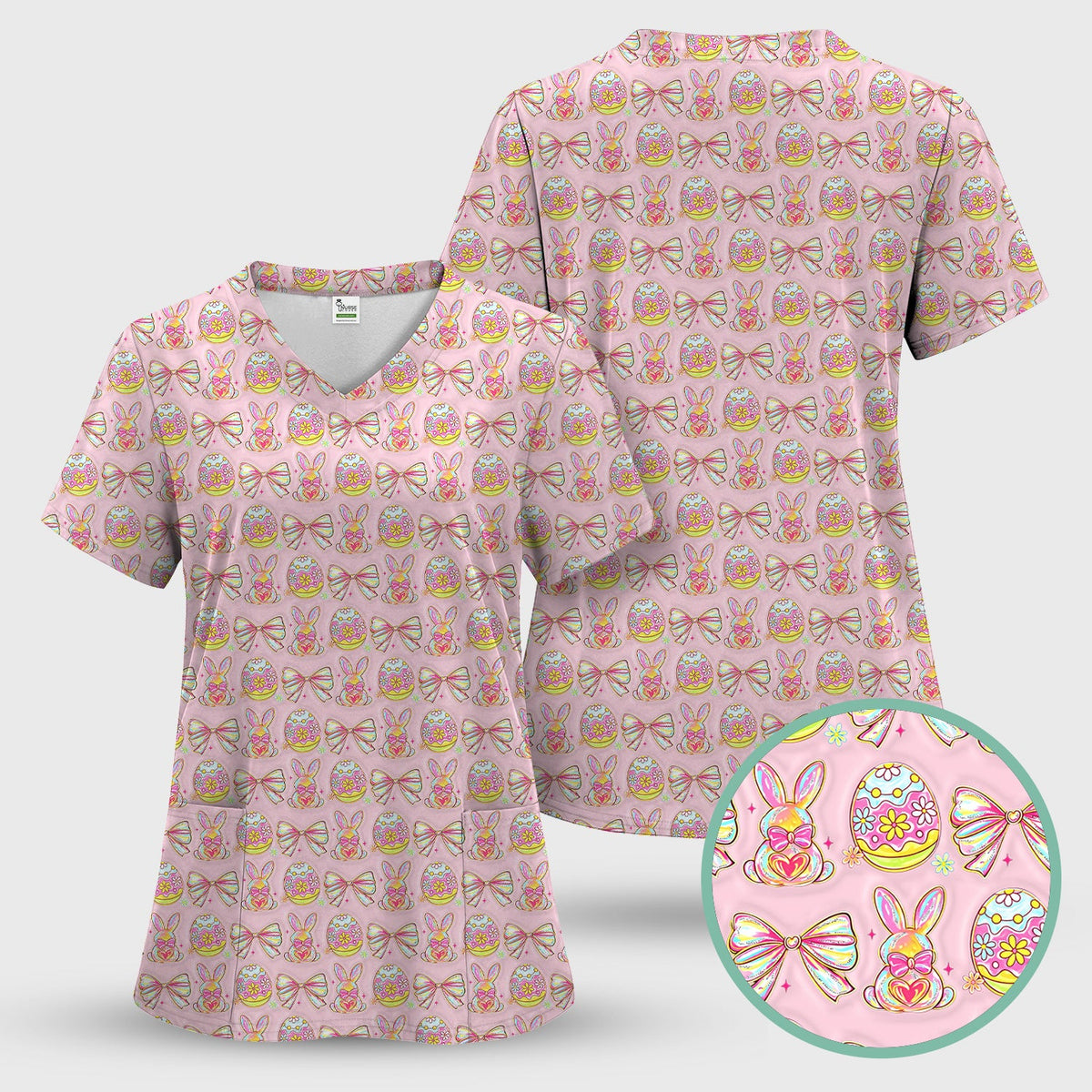 Bunny Pastel Egg Bow Nurse Scrub Set - Easter Gift