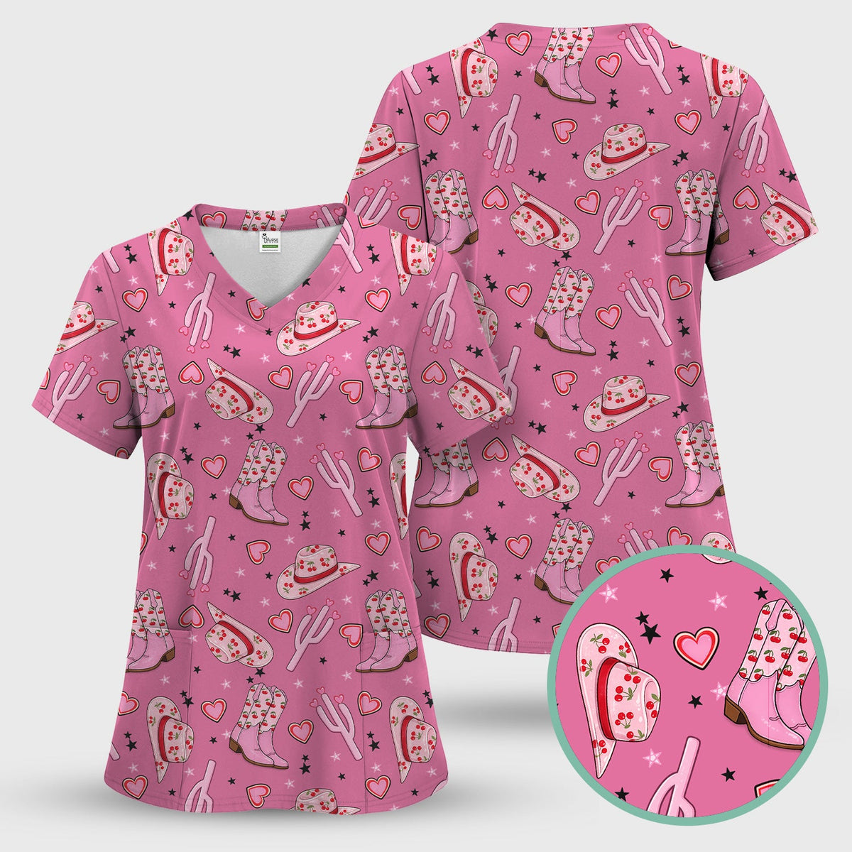 Pink Cowgirl Western Boots Hat Pattern Scrub Set, Scrub Pants and V Neck Top
