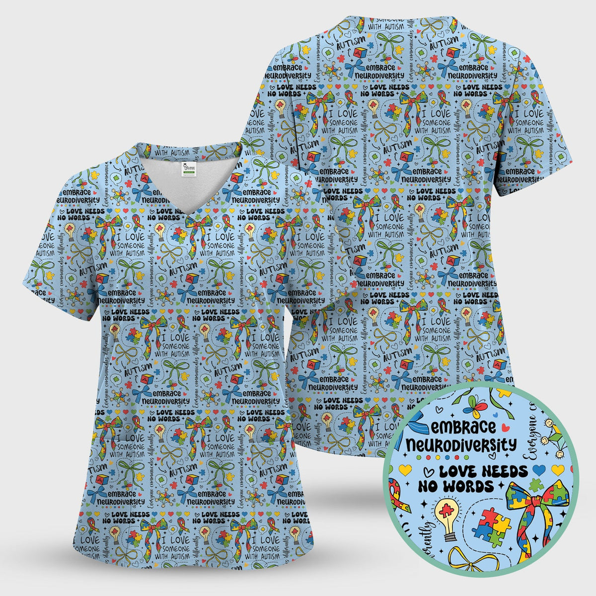 Autism Awareness Puzzle Ribbon Pastel Nurse Scrub Top