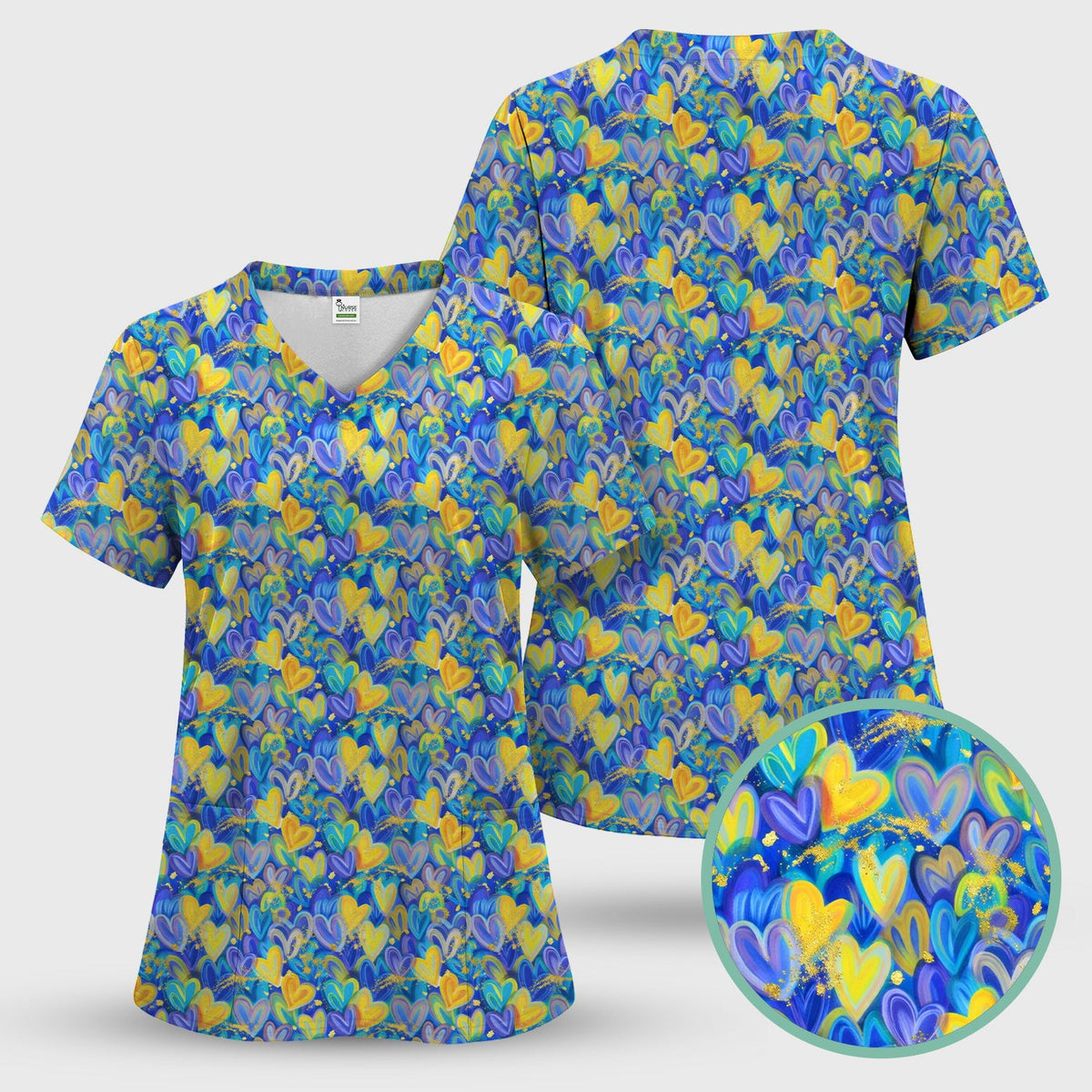 Blue Yellow Layered Heart Nurse Scrub Set