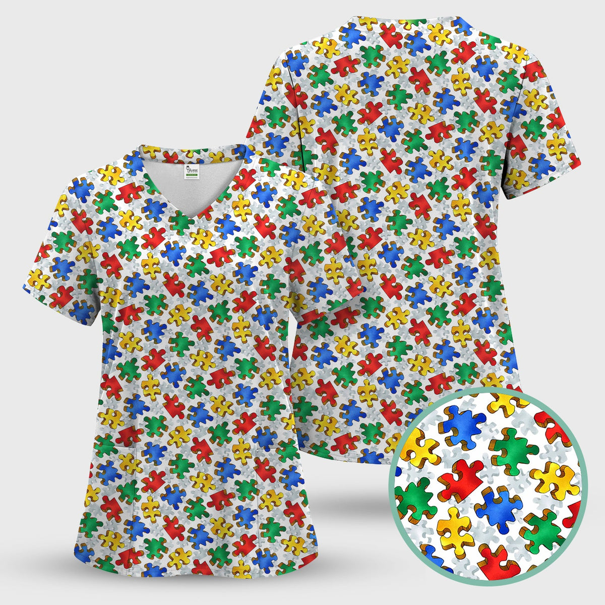 Colorful Autism Puzzle Piece Nurse Scrub Top