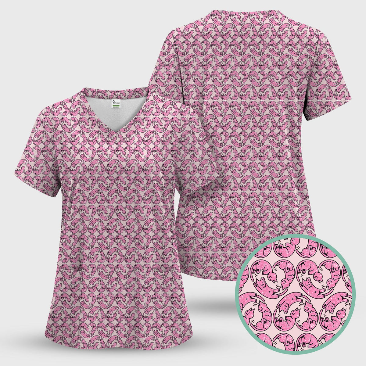 Pink Cat Cartoon Nurse Scrub Top