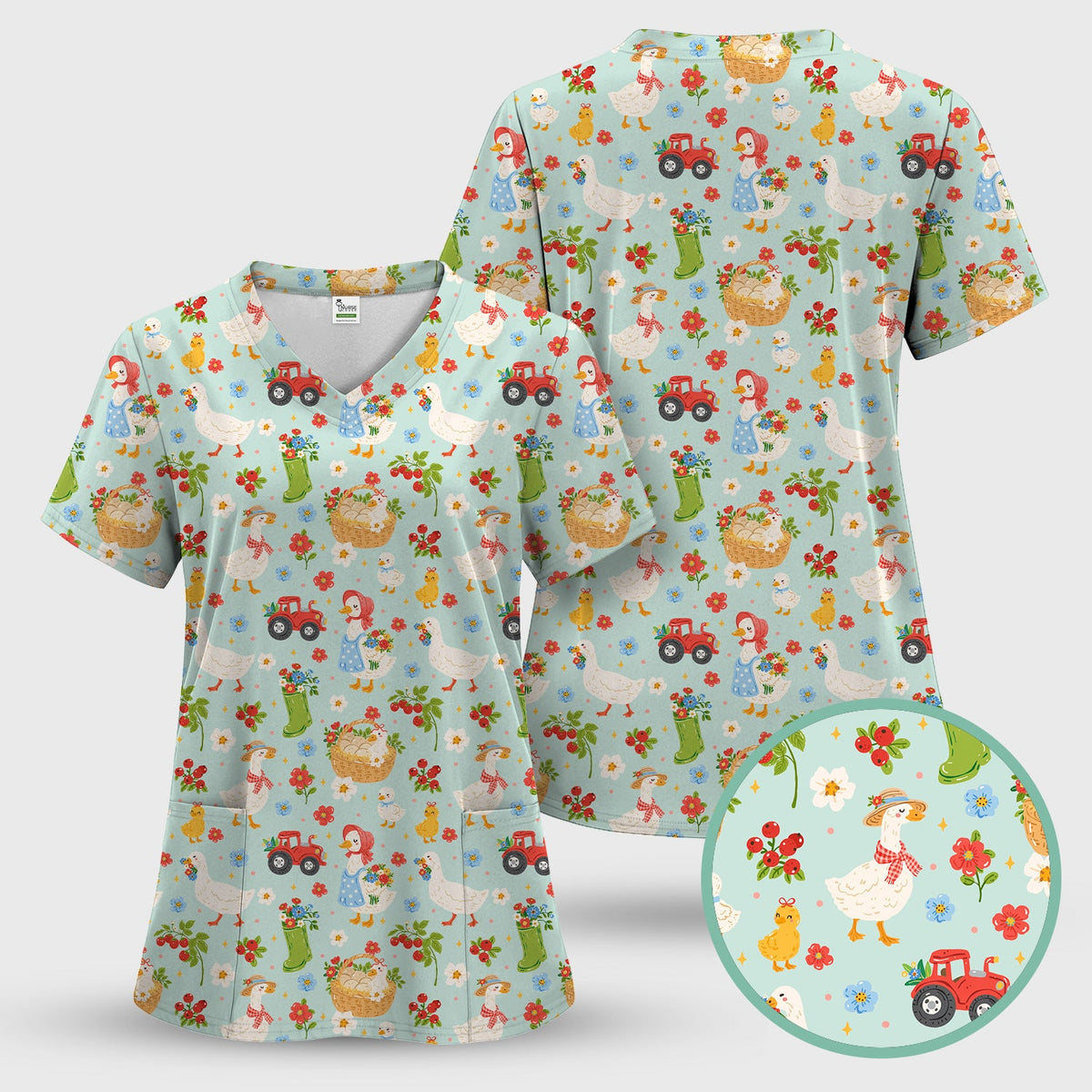 Farm Duck Chicken Tractor Flower Basket Nurse Scrub Top
