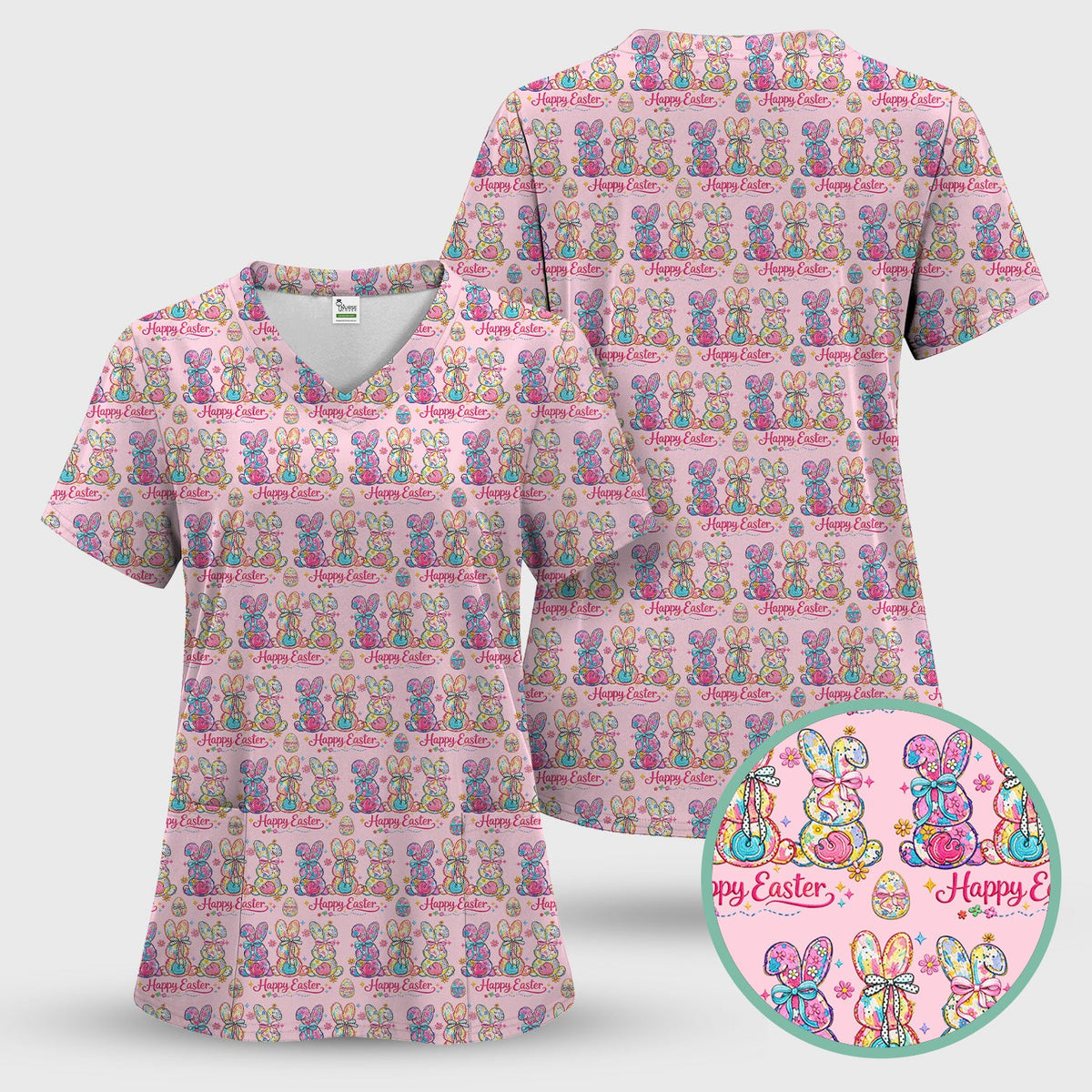 Pink Happy Easter Bunny Pattern Scrub Top, Comfortable Scrubs for Nurses