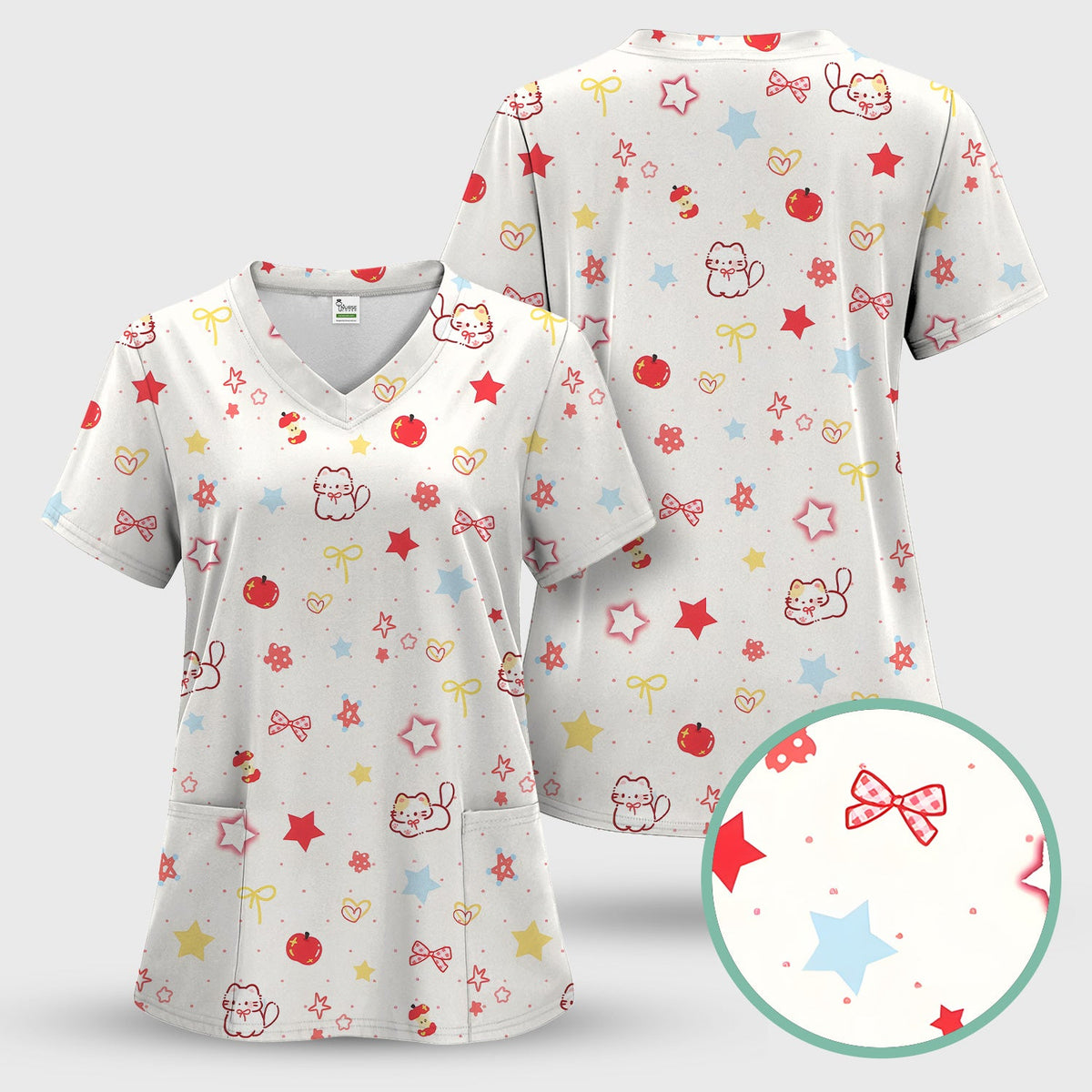 Kawaii Cat Bow Star Nurse Scrub Top