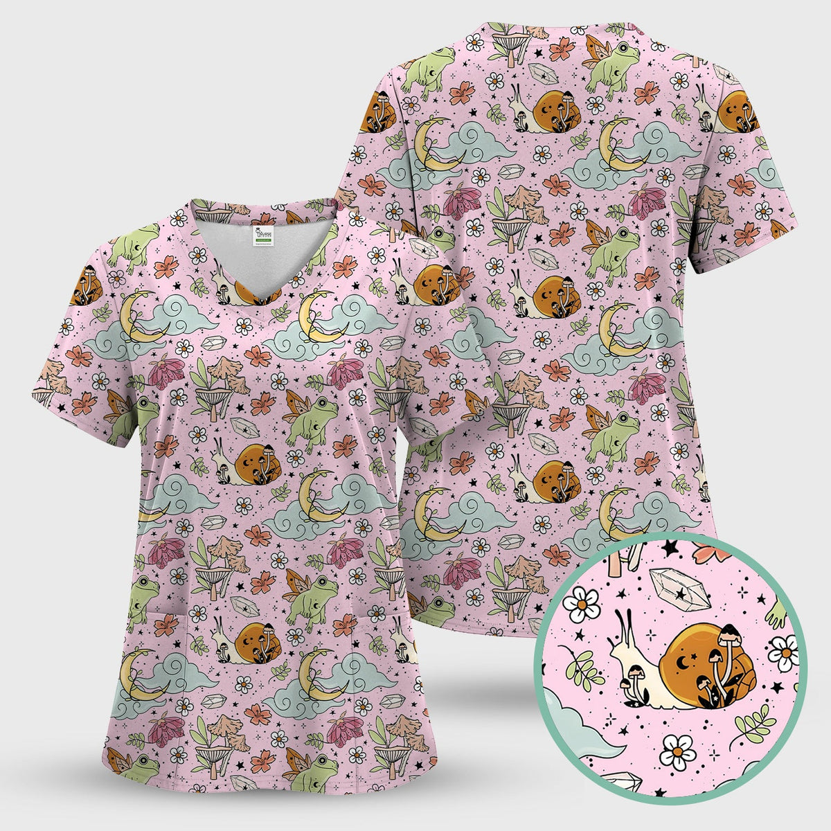 Whimsical Frog Moon Mushroom Nurse Scrub Top