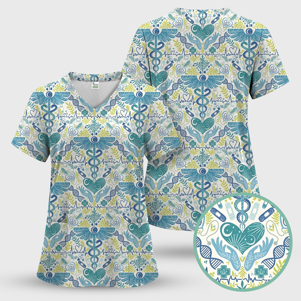 Botanical Caduceus Heart Nurse Scrub Set