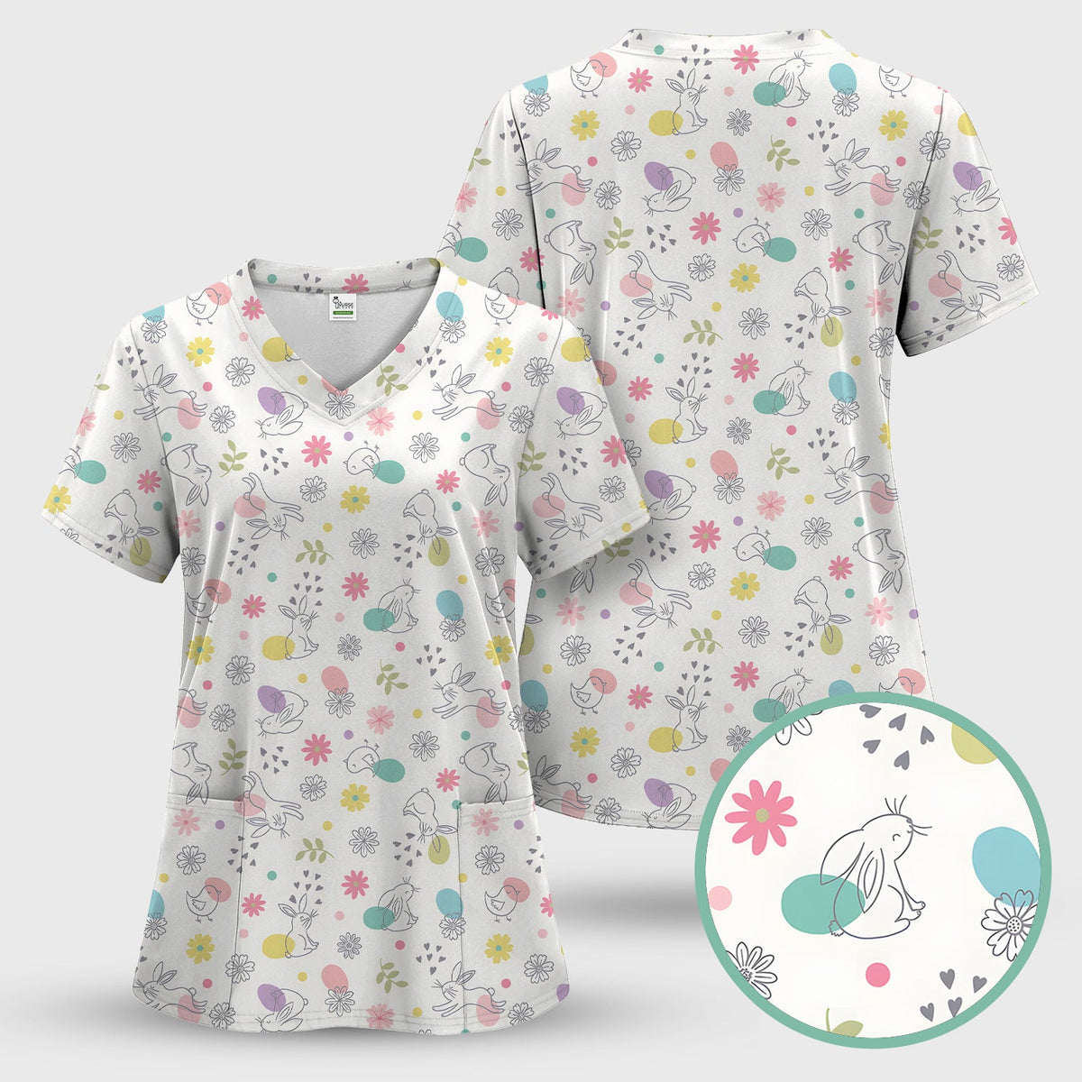 Whimsical Easter Bunny Eggs Nurse Scrub Top