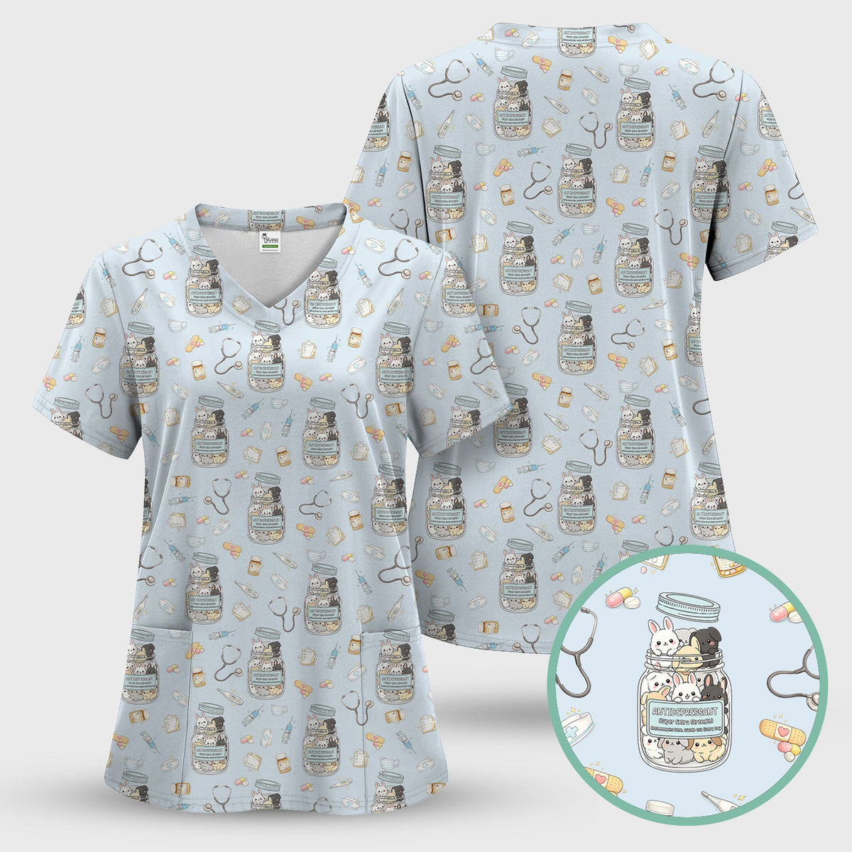 Whimsical Antidepressant Rabbit Jar Nurse Scrub Top