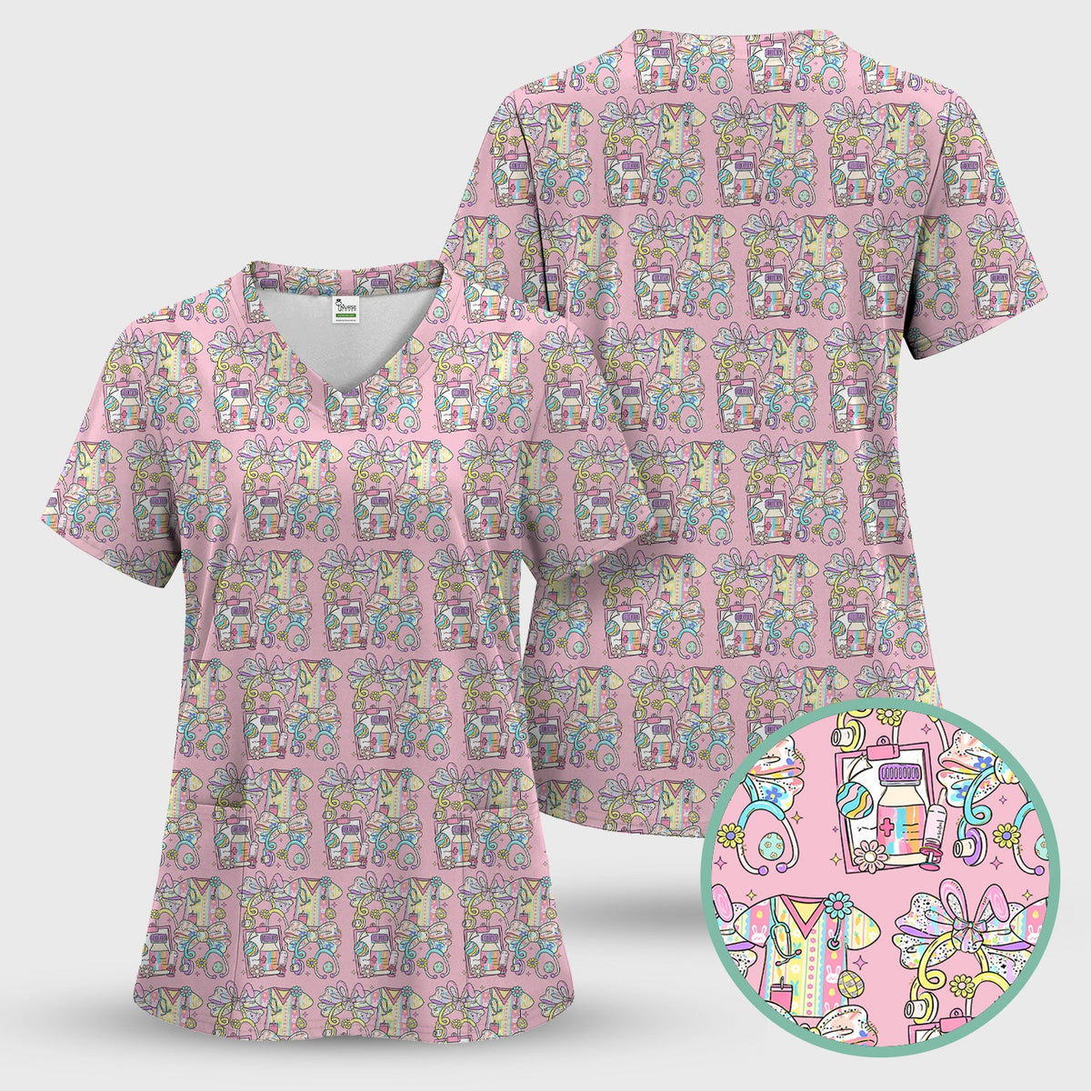 Colorful Nurse Scrub Supplies Pattern Scrub Top, Breathable Fabrics Nursing Uniform