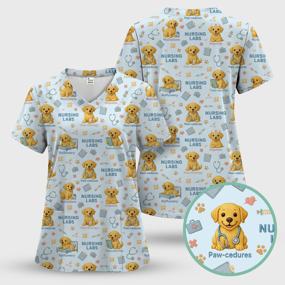 Labrador Nursing Scrub Top, Cute Dog Pattern Nurse Uniform,  Comfortable Scrubs For Nurses