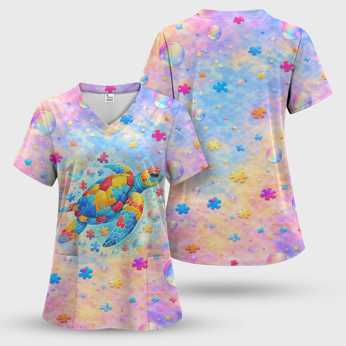 Autism Puzzle Sea Turtle Pastel Rainbow Nurse Scrub Set