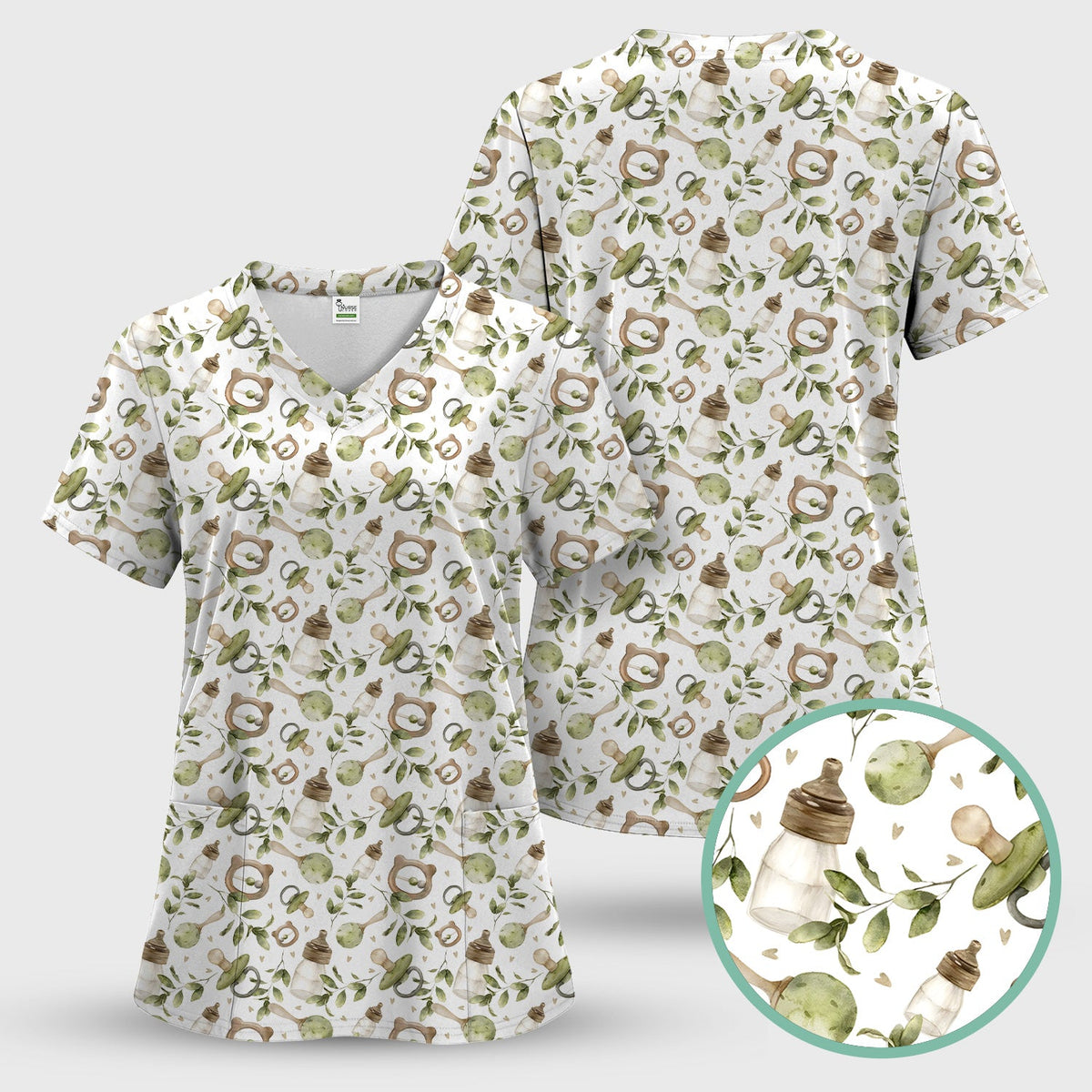 Cute Baby Bottle Greenery Nurse Scrub Set