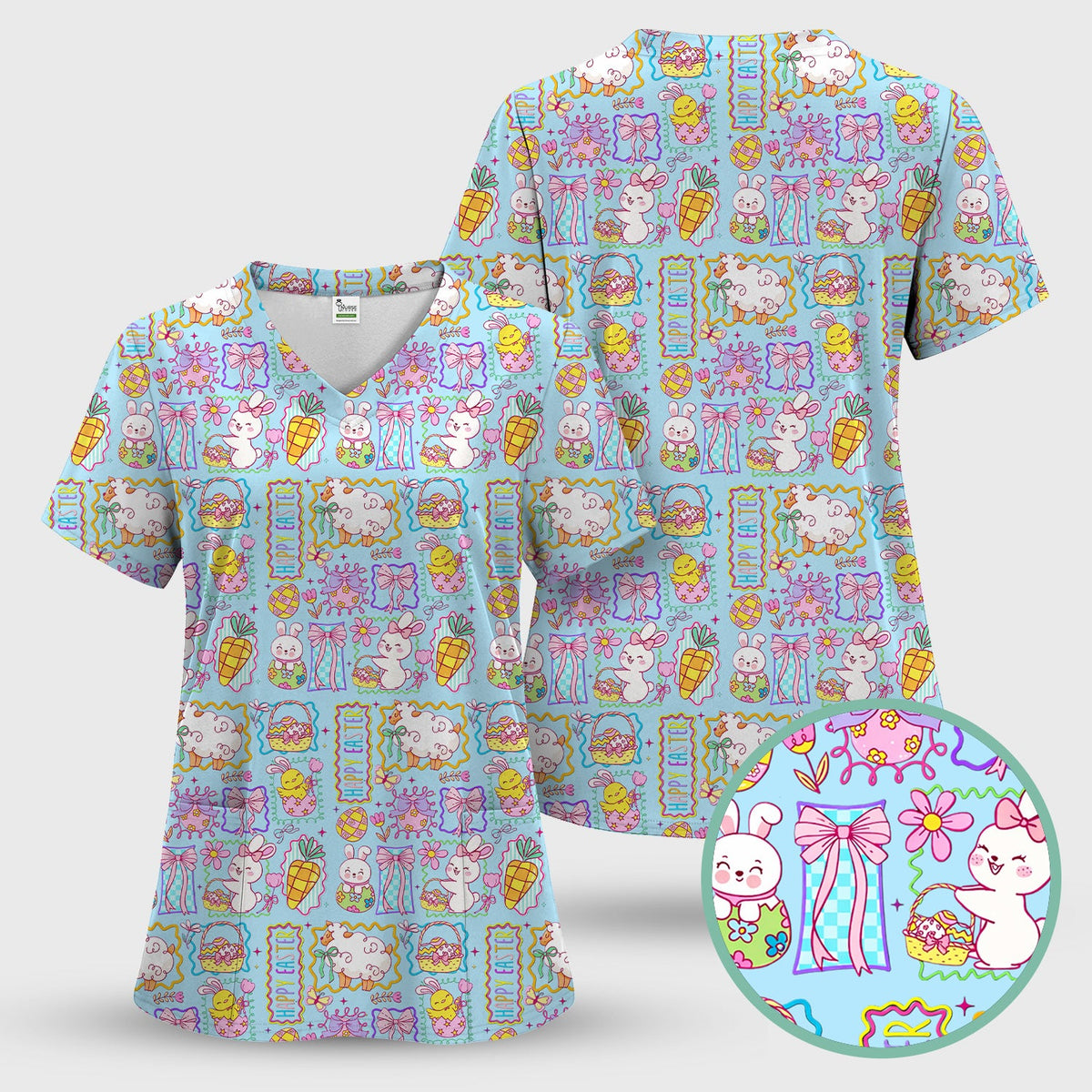 Cute Easter Bunny Egg and Bow Print Scrub Set, Scrub Pants and V Neck Top