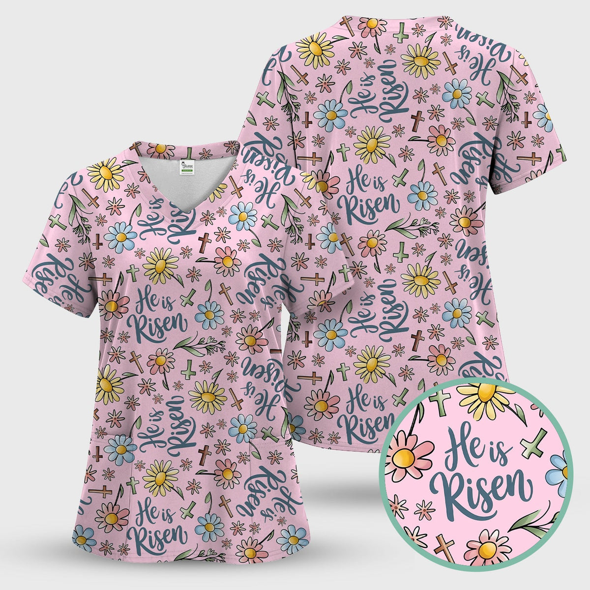 Risen Cross Flower Nurse Scrub Top - Easter Gift